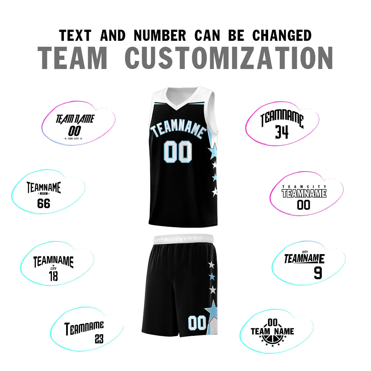 Custom Youth Basketball Uniform Black Light Blue Two Tone Side Star Personalized Team Jersey