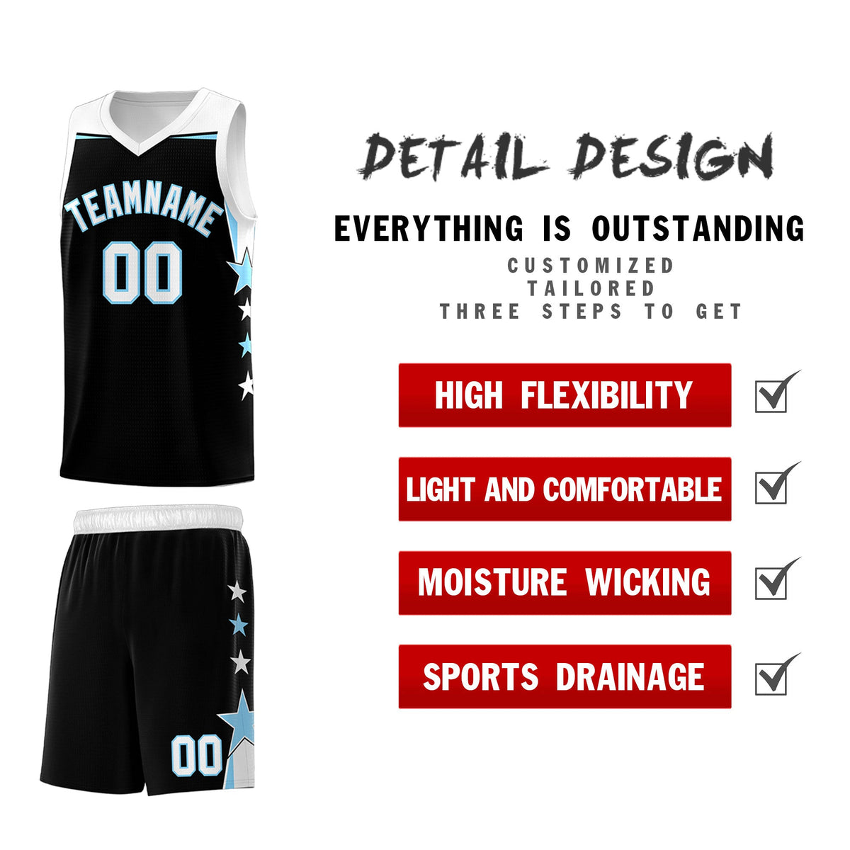 Custom Youth Basketball Uniform Black Light Blue Two Tone Side Star Personalized Team Jersey