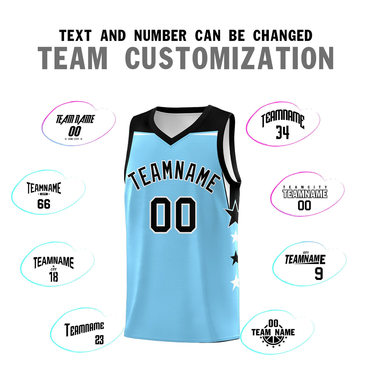 Custom Youth Basketball Uniform Light Blue Black Two Tone Side Star Color Block Team Jersey