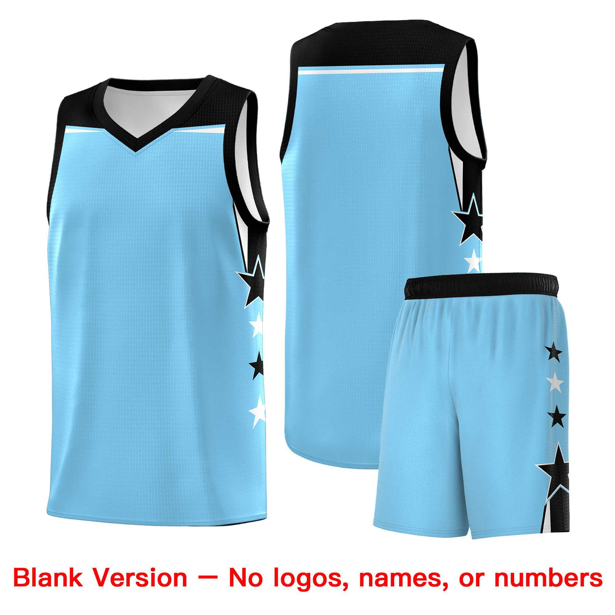 Custom Youth Basketball Uniform Light Blue Black Two Tone Side Star Color Block Team Jersey