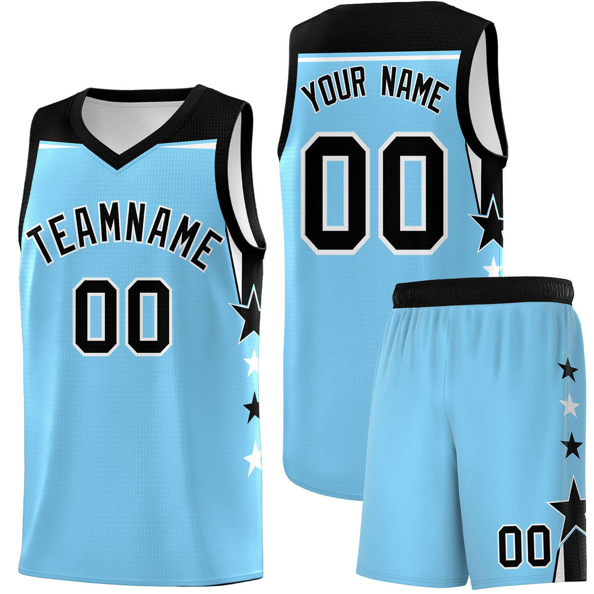 Custom Youth Basketball Uniform Light Blue Black Two Tone Side Star Color Block Team Jersey