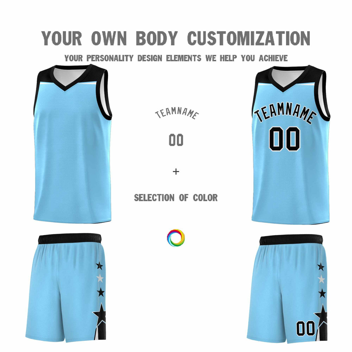 Custom Youth Basketball Uniform Light Blue Black Two Tone Side Star Color Block Team Jersey