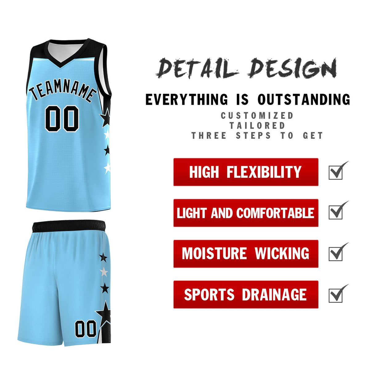 Custom Youth Basketball Uniform Light Blue Black Two Tone Side Star Color Block Team Jersey