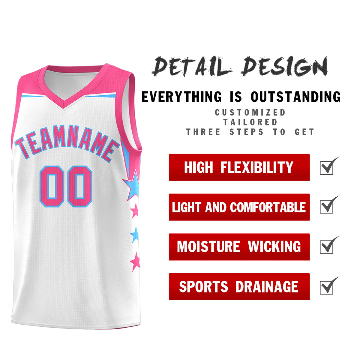 Custom Youth Basketball Uniform White Pink Two Tone Side Star Add Name Number &amp; Logo