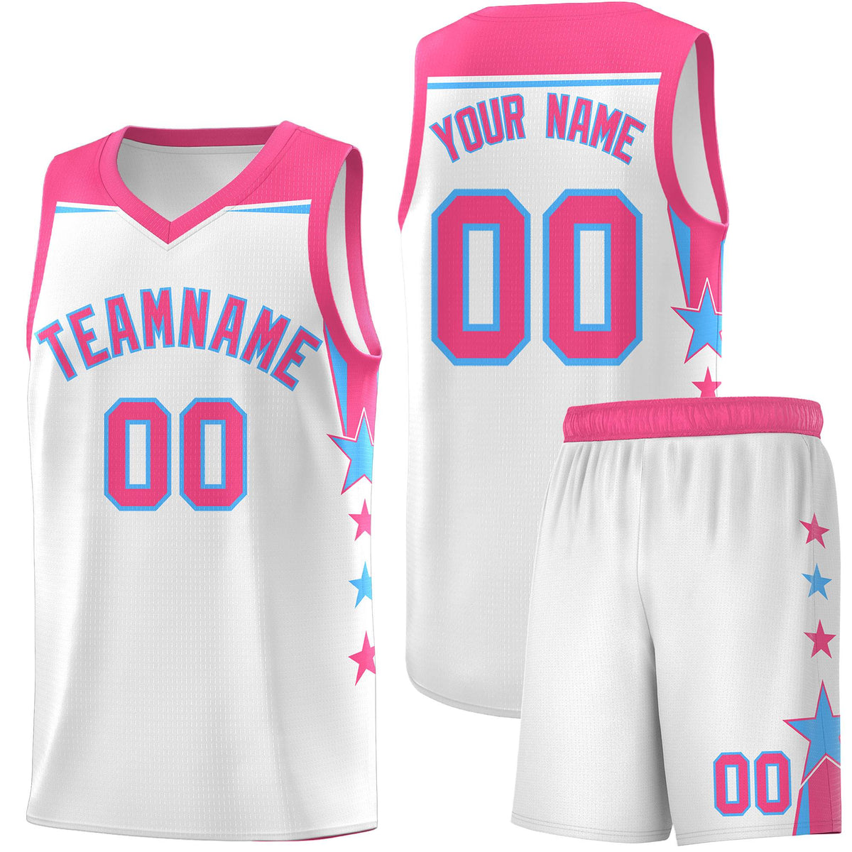Custom Youth Basketball Uniform White Pink Two Tone Side Star Add Name Number &amp; Logo