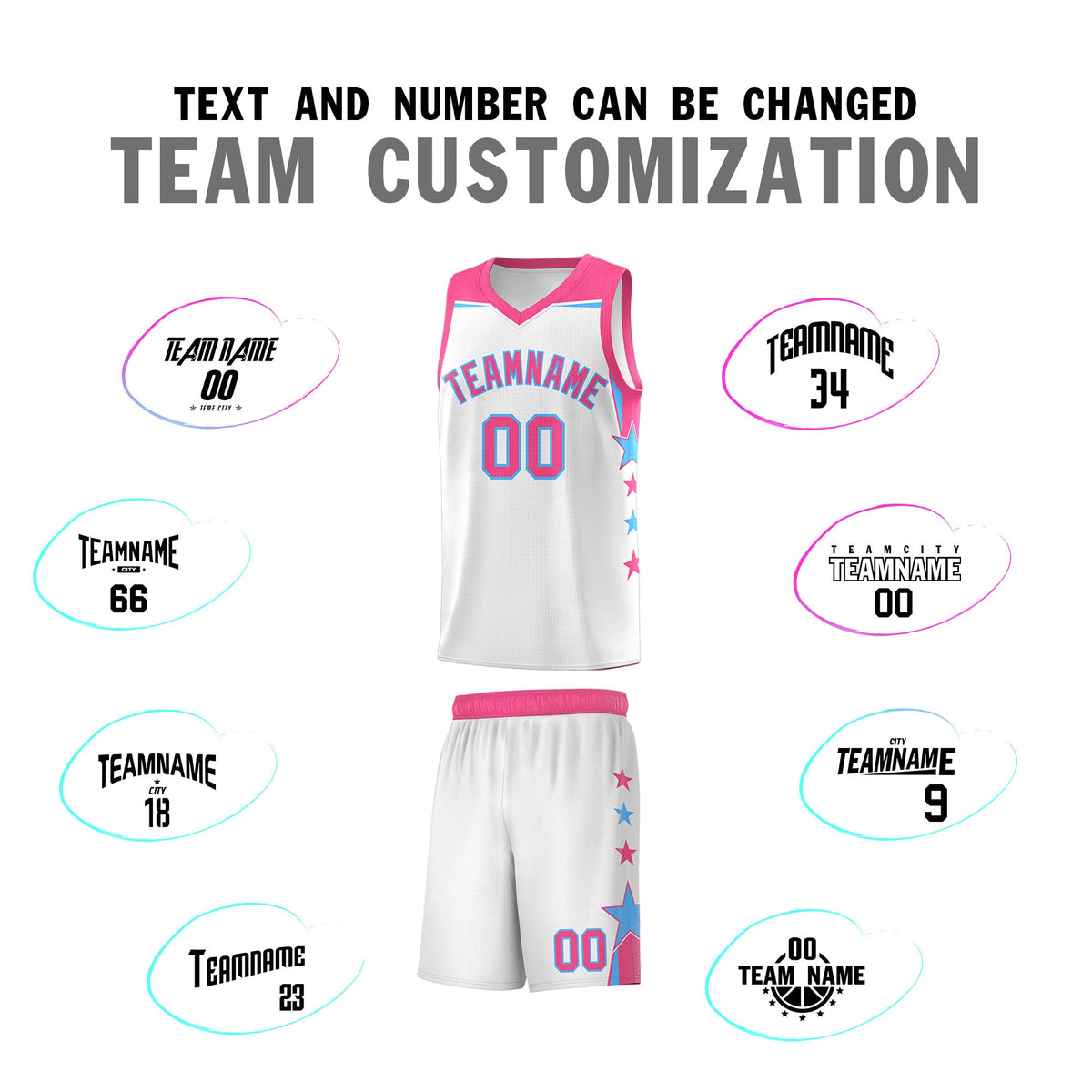 Custom Youth Basketball Uniform White Pink Two Tone Side Star Add Name Number &amp; Logo