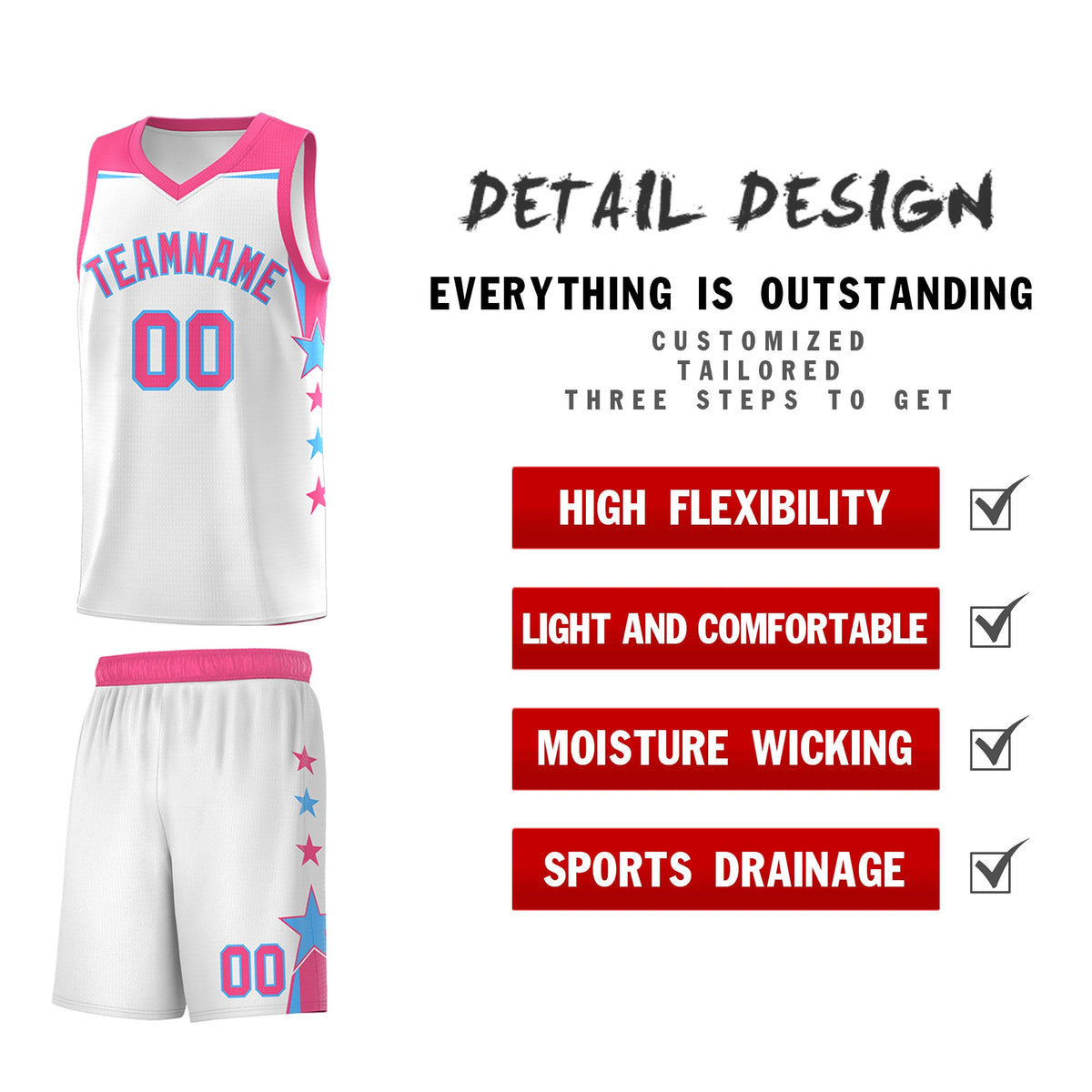 Custom Youth Basketball Uniform White Pink Two Tone Side Star Add Name Number &amp; Logo