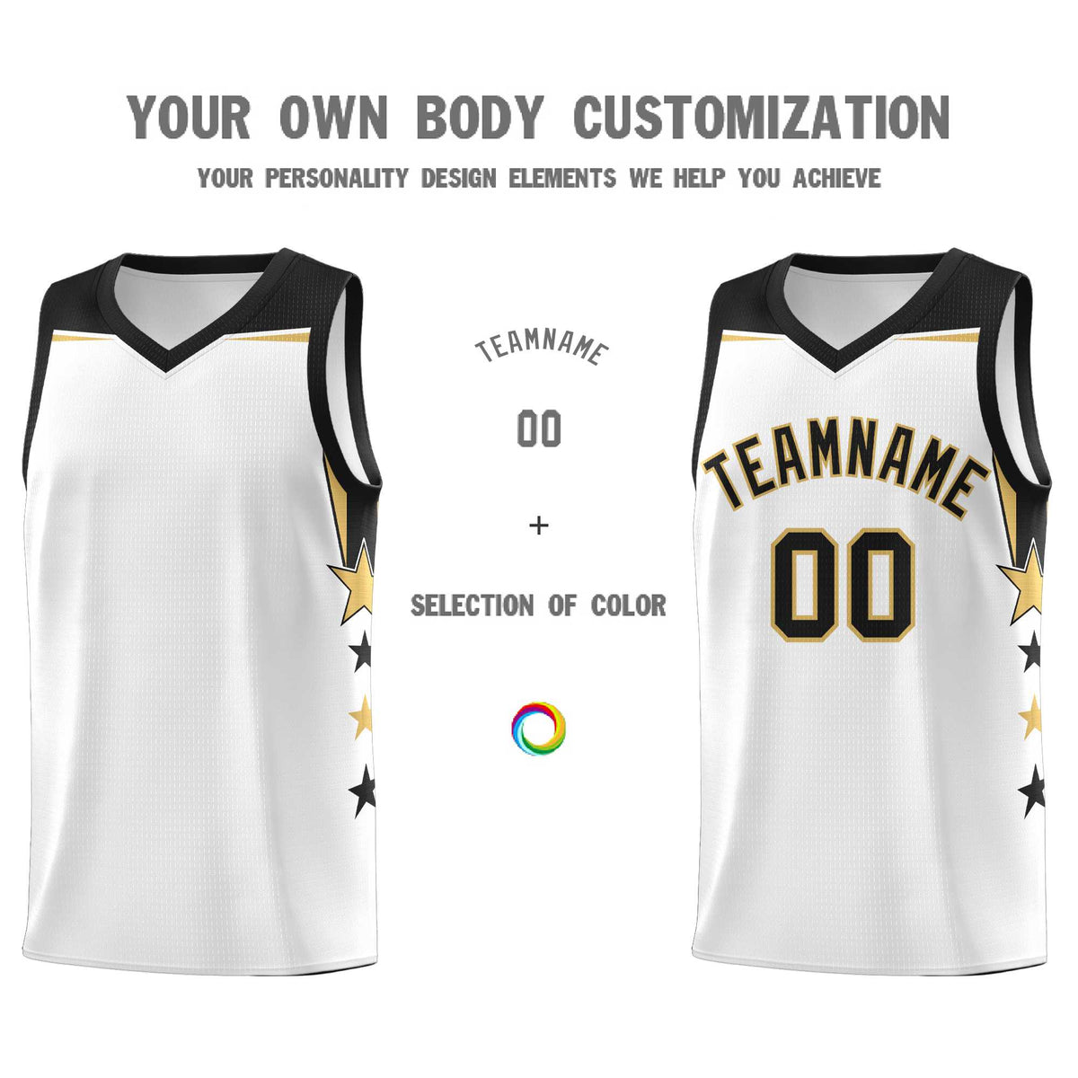 Custom Youth Basketball Uniform White Black Two Tone Side Star Add Name Number &amp; Logo