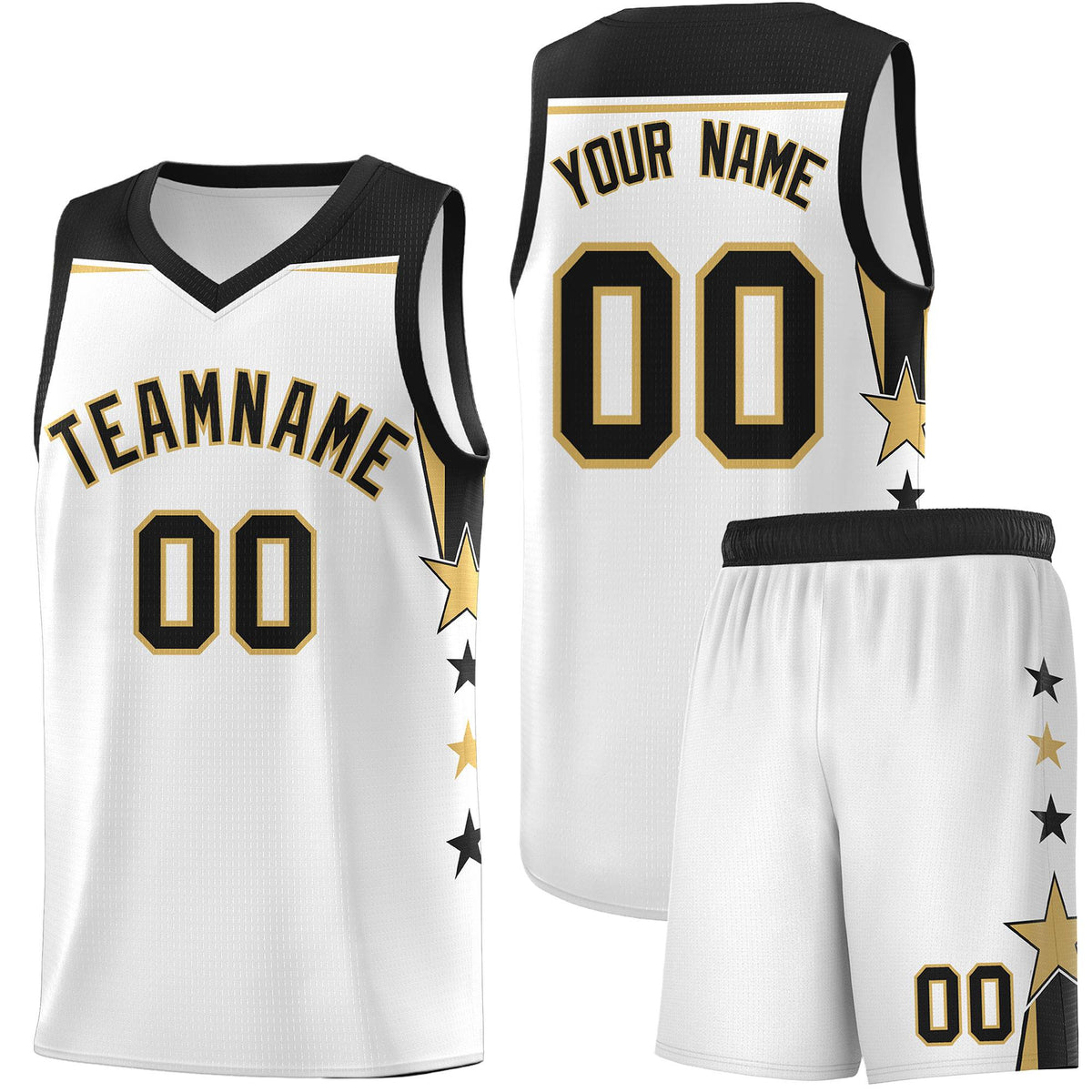 Custom Youth Basketball Uniform White Black Two Tone Side Star Add Name Number &amp; Logo