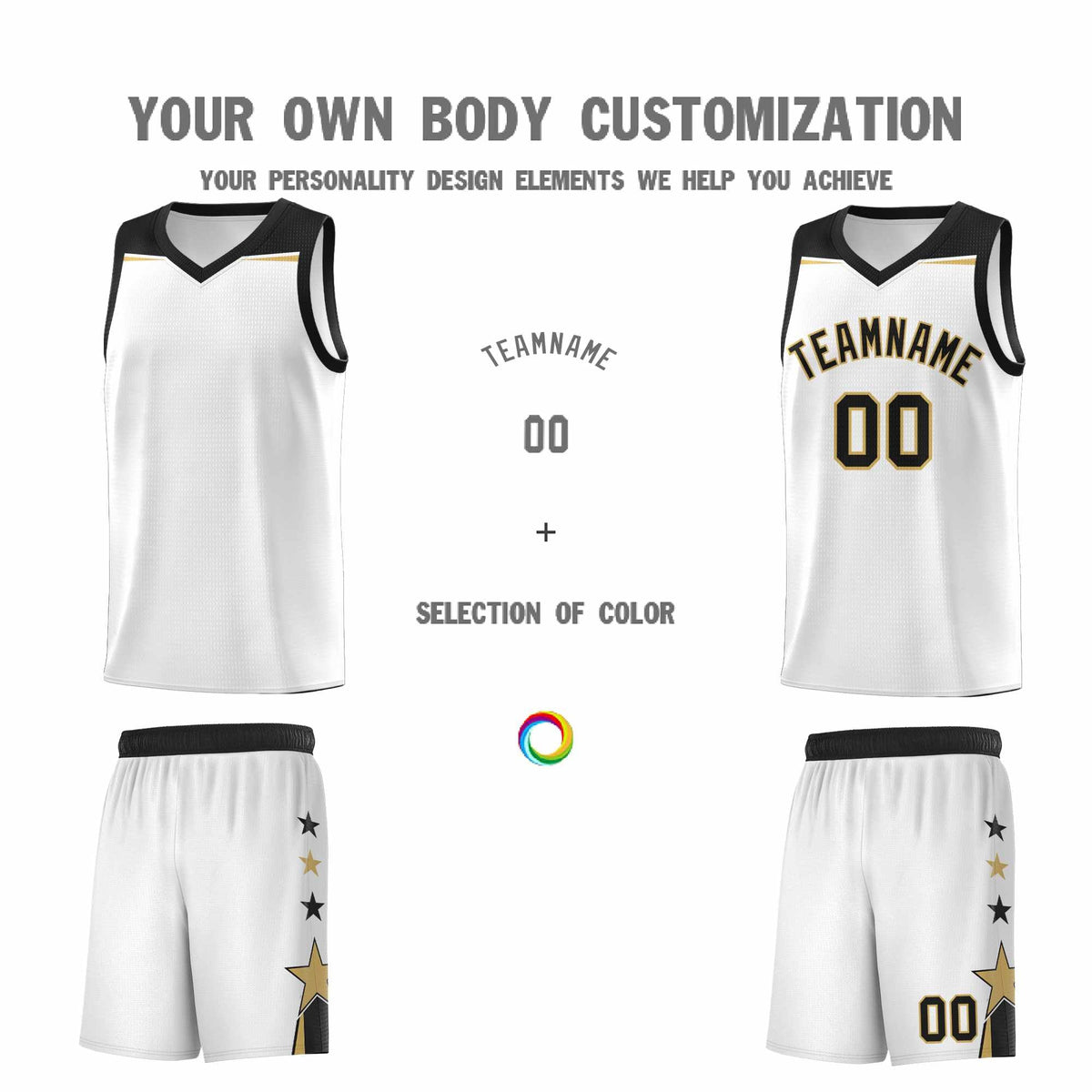 Custom Youth Basketball Uniform White Black Two Tone Side Star Add Name Number &amp; Logo