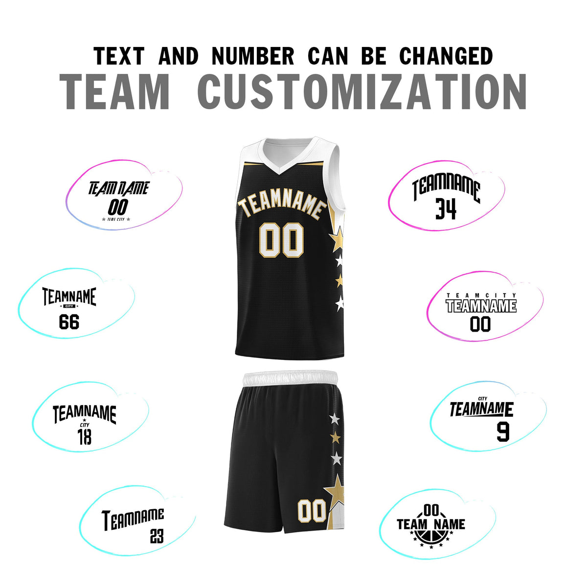 Custom Youth Basketball Uniform Black White Two Tone Side Star Personalized Team Jersey