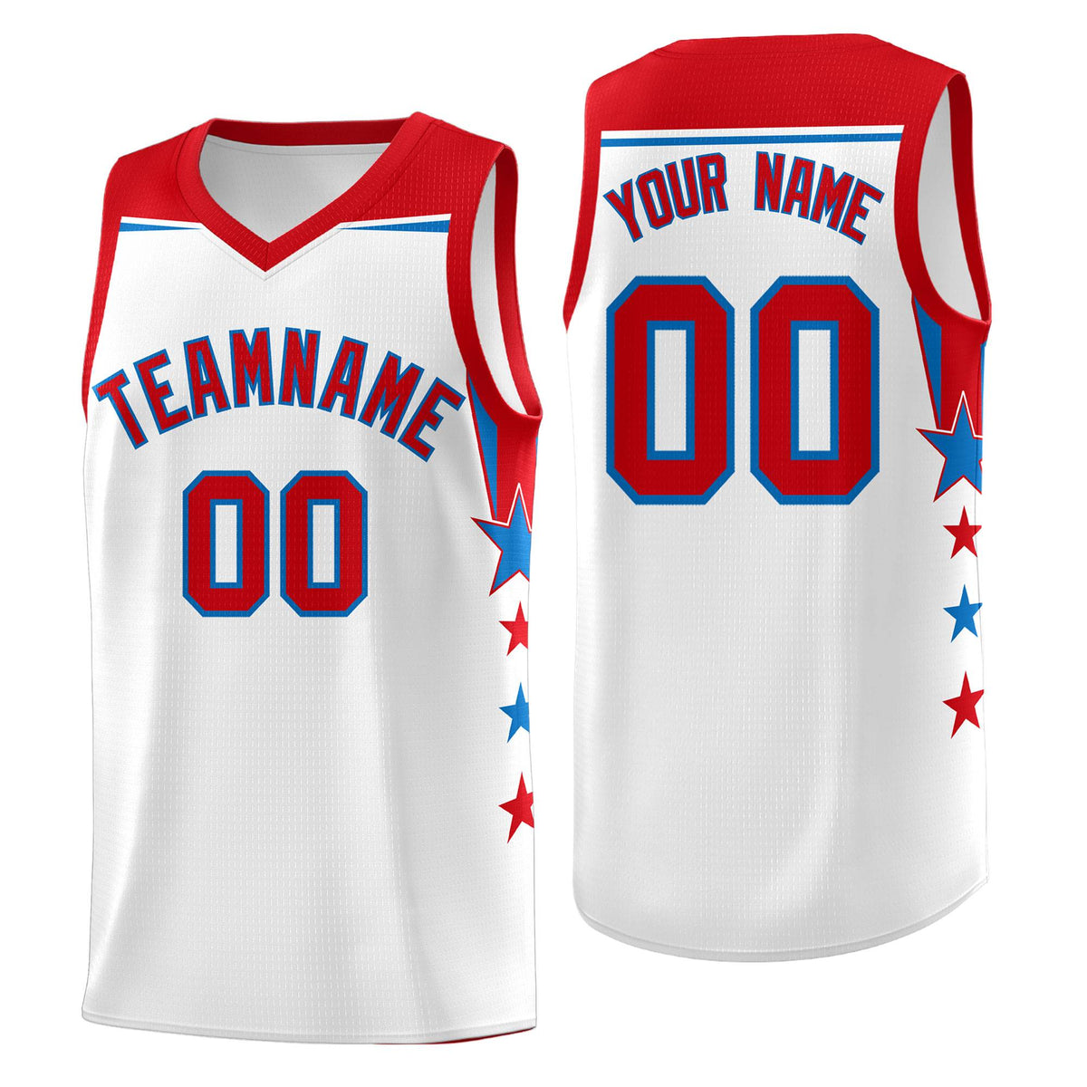 Custom Youth Basketball Uniform White Red Two Tone Side Star Add Name Number &amp; Logo