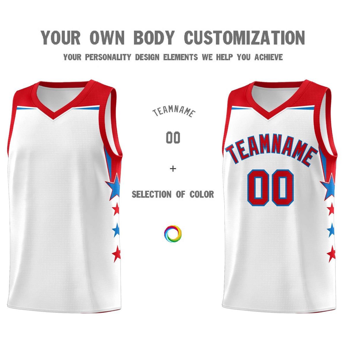 Custom Youth Basketball Uniform White Red Two Tone Side Star Add Name Number &amp; Logo
