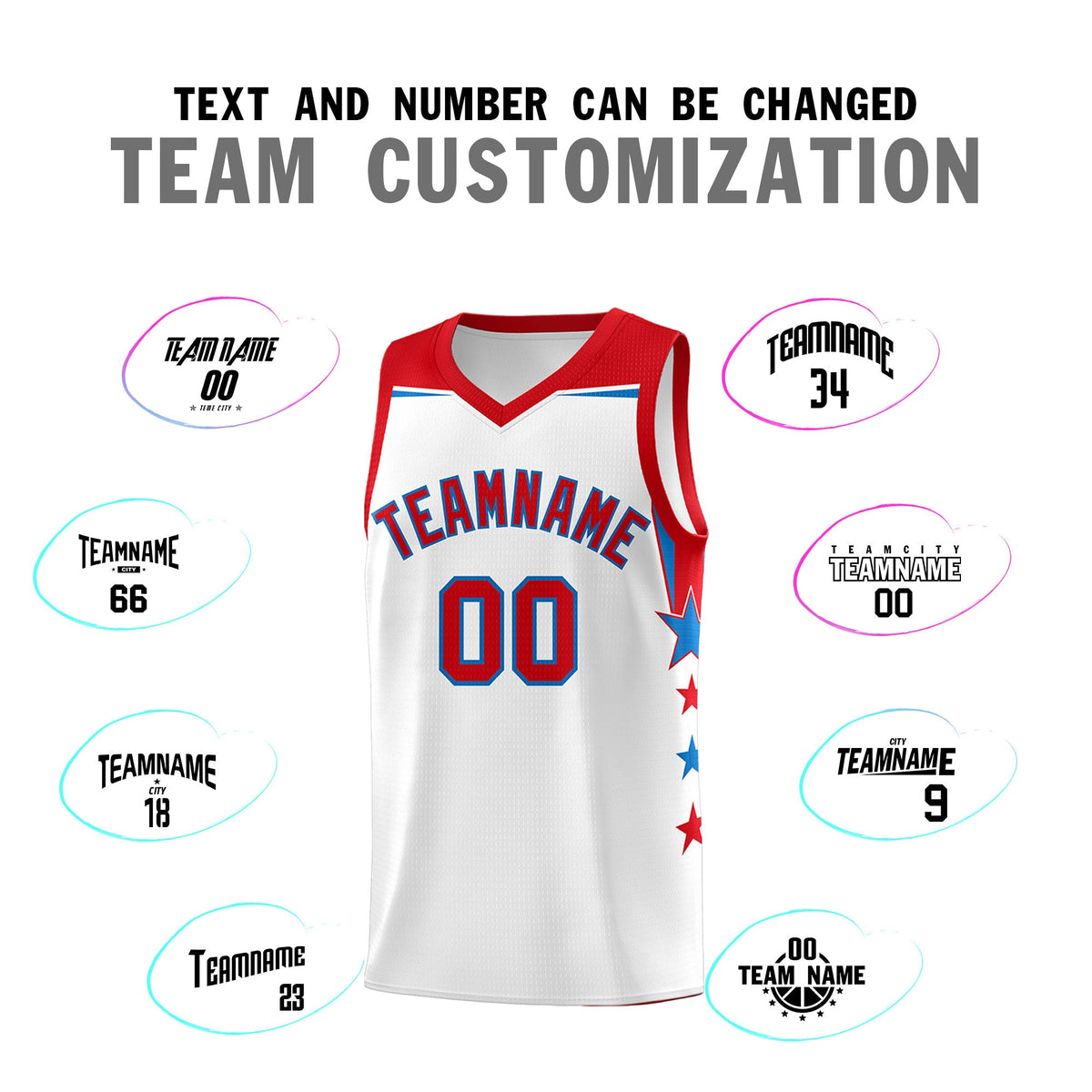 Custom Youth Basketball Uniform White Red Two Tone Side Star Add Name Number &amp; Logo