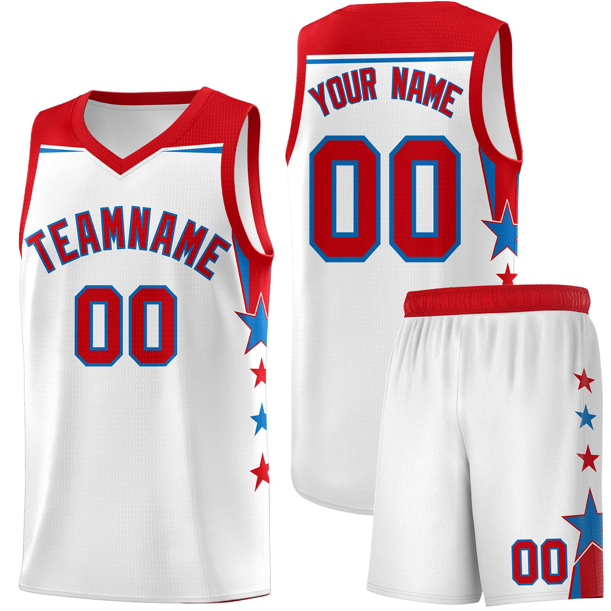Custom Youth Basketball Uniform White Red Two Tone Side Star Add Name Number &amp; Logo
