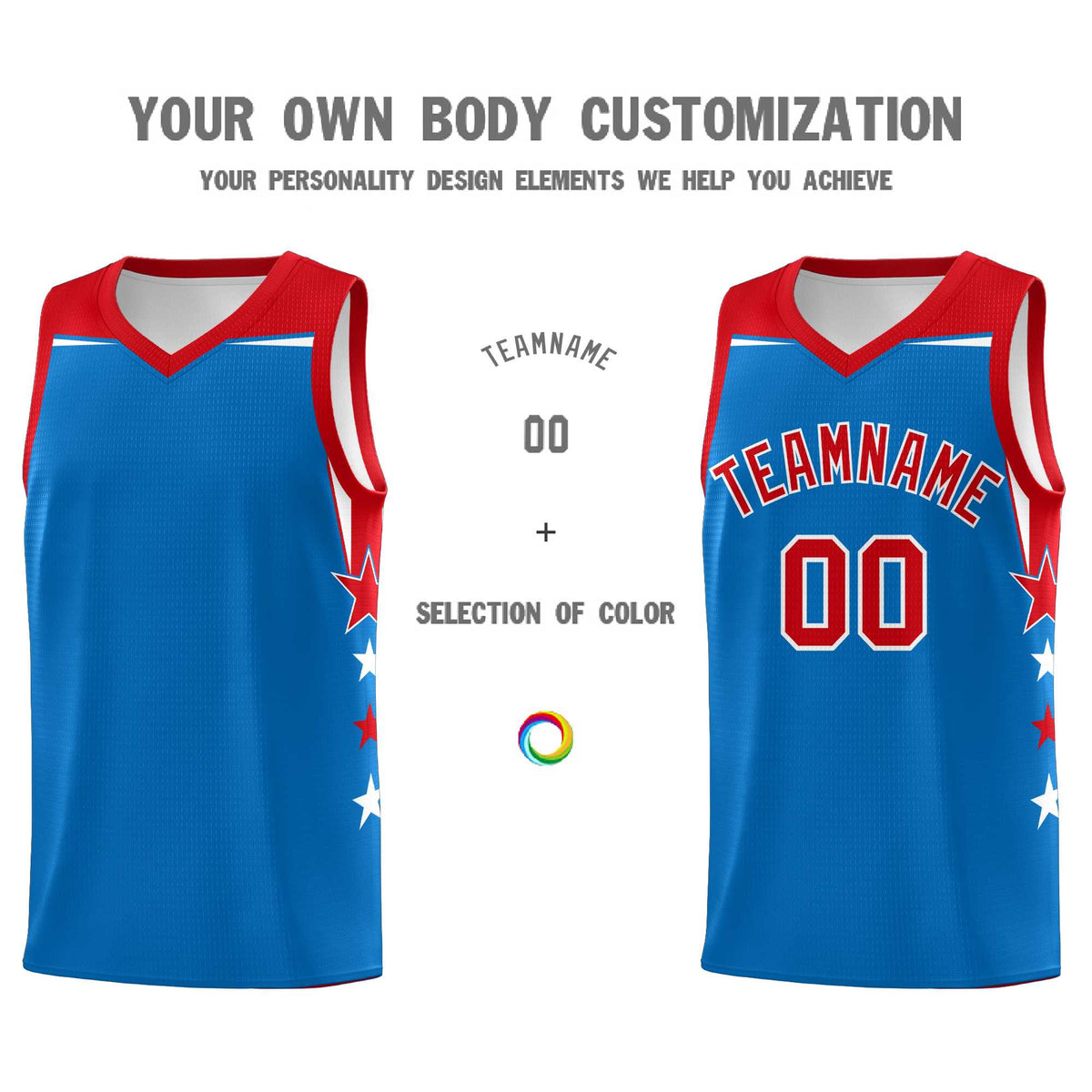 Custom Youth Basketball Uniform Royal Red Two Tone Side Star Color Block Team Jersey
