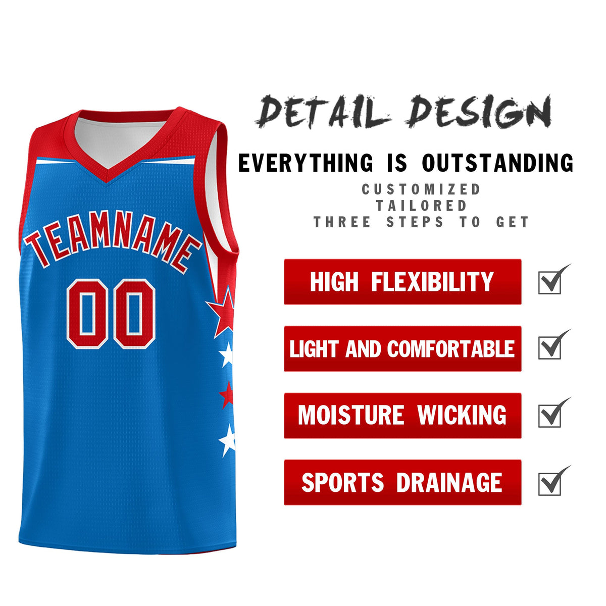 Custom Youth Basketball Uniform Royal Red Two Tone Side Star Color Block Team Jersey