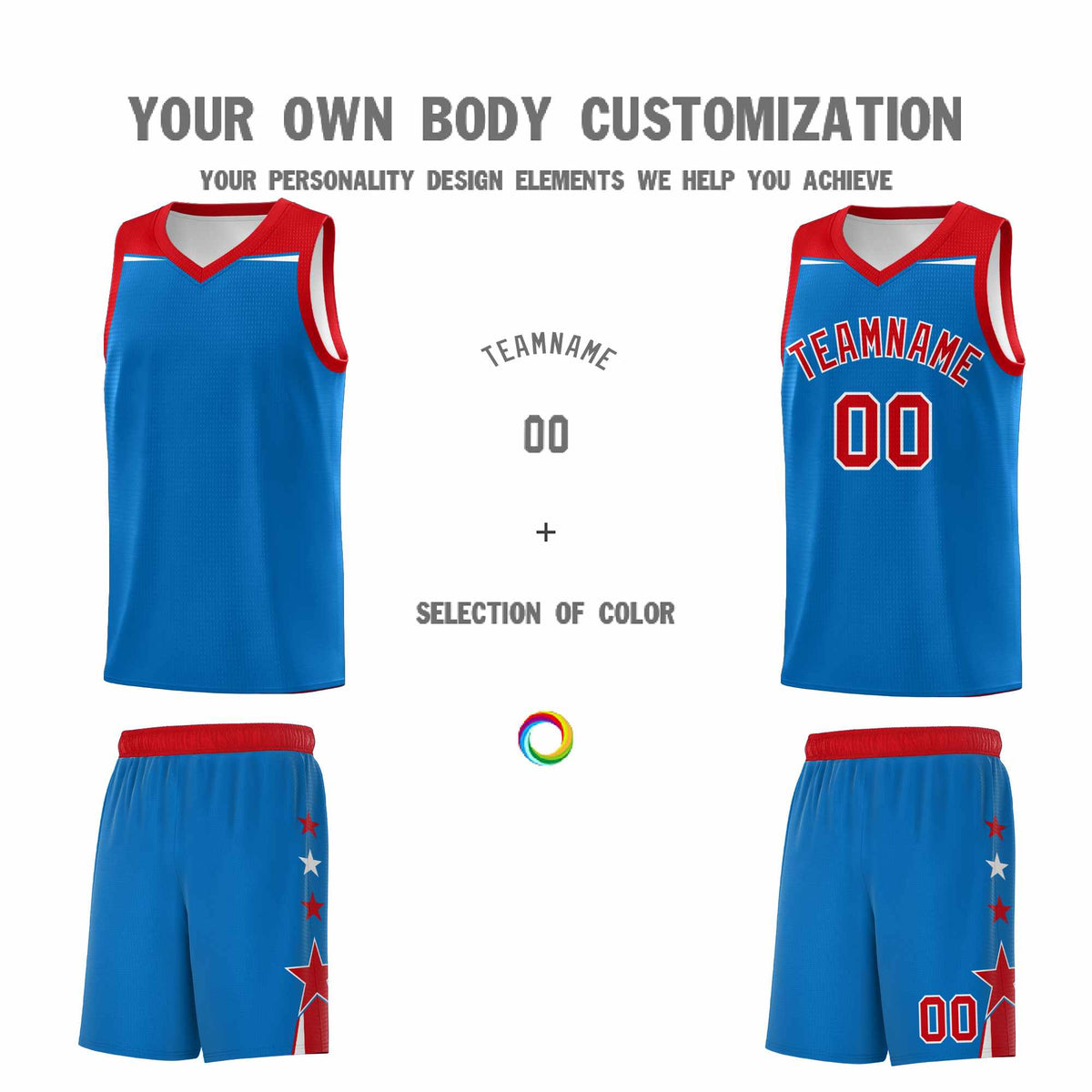 Custom Youth Basketball Uniform Royal Red Two Tone Side Star Color Block Team Jersey