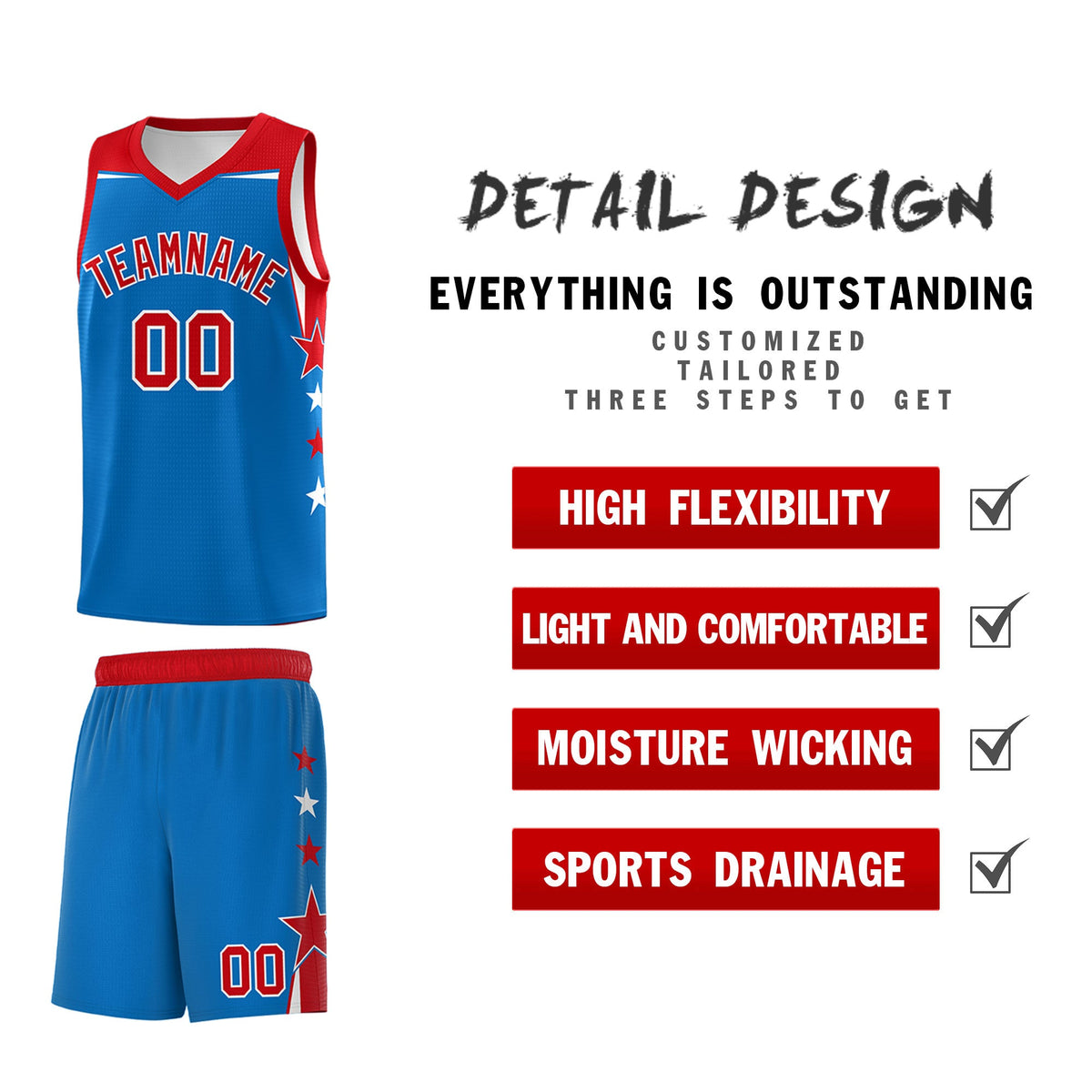 Custom Youth Basketball Uniform Royal Red Two Tone Side Star Color Block Team Jersey