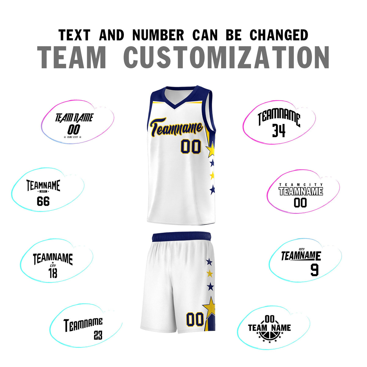 Custom Youth Basketball Uniform White Navy Two Tone Side Star Personalized Team Jersey