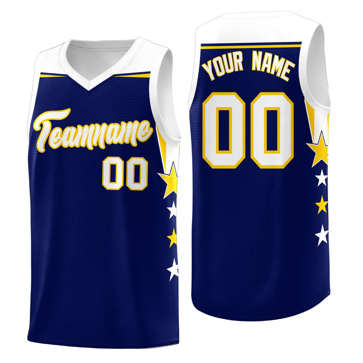 Custom Youth Basketball Uniform Navy White Two Tone Side Star Add Name Number &amp; Logo