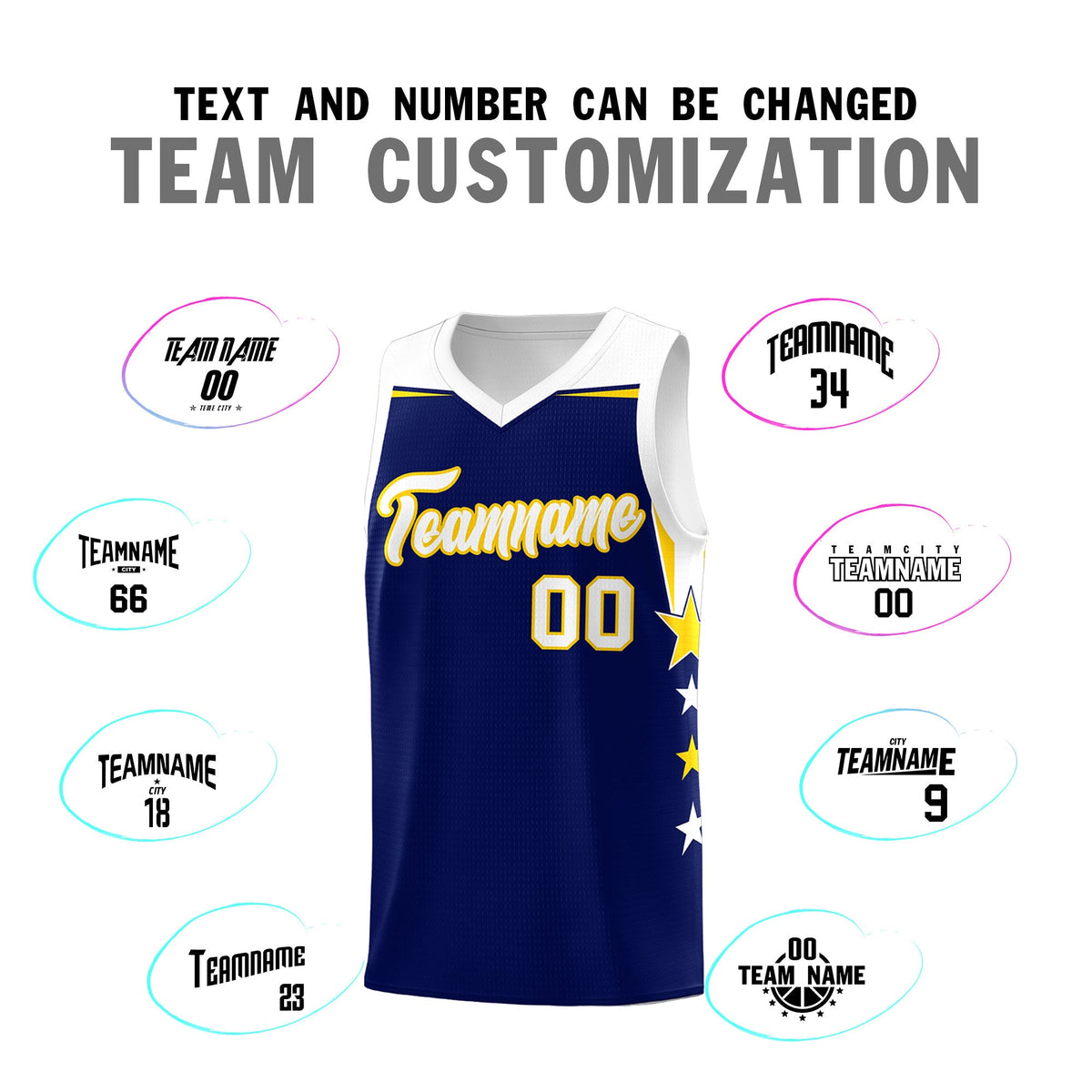 Custom Youth Basketball Uniform Navy White Two Tone Side Star Add Name Number &amp; Logo