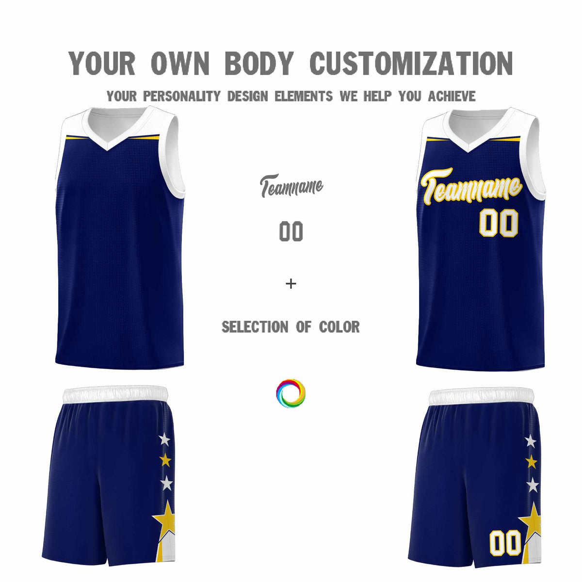 Custom Youth Basketball Uniform Navy White Two Tone Side Star Add Name Number &amp; Logo