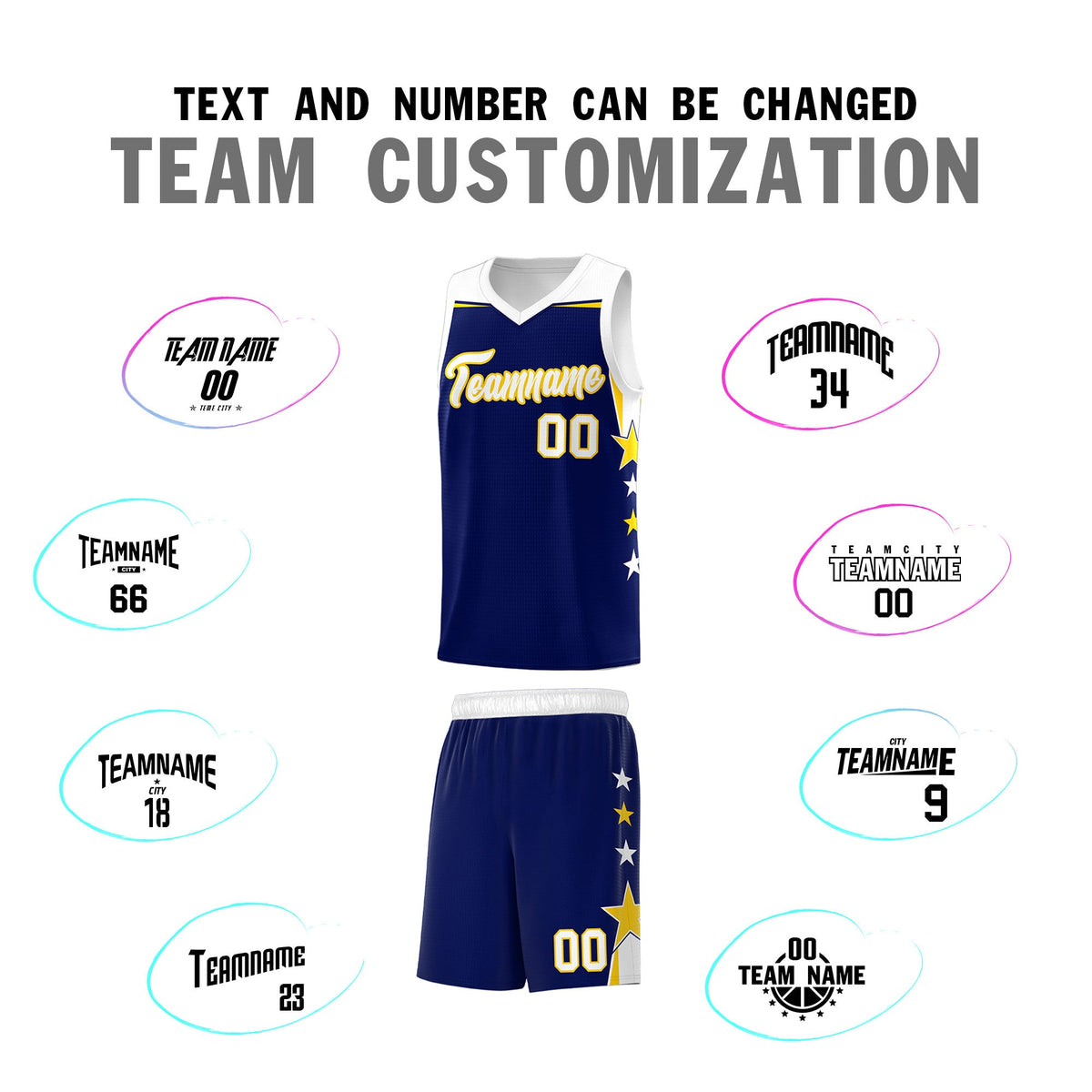 Custom Youth Basketball Uniform Navy White Two Tone Side Star Add Name Number &amp; Logo