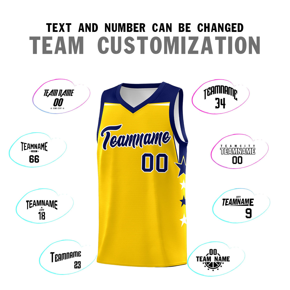 Custom Youth Basketball Uniform Gold Navy Two Tone Side Star Personalized Team Jersey