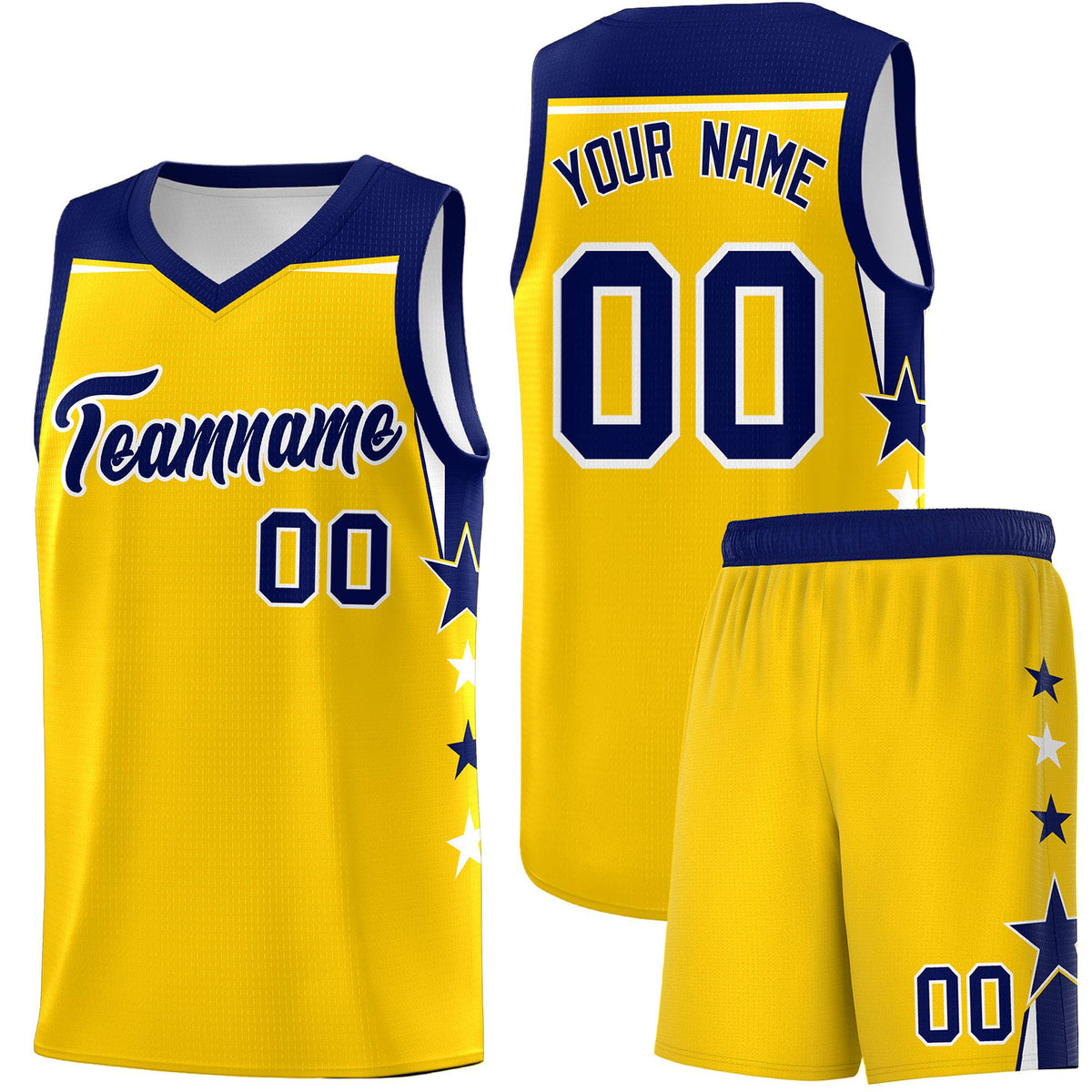 Custom Youth Basketball Uniform Gold Navy Two Tone Side Star Personalized Team Jersey