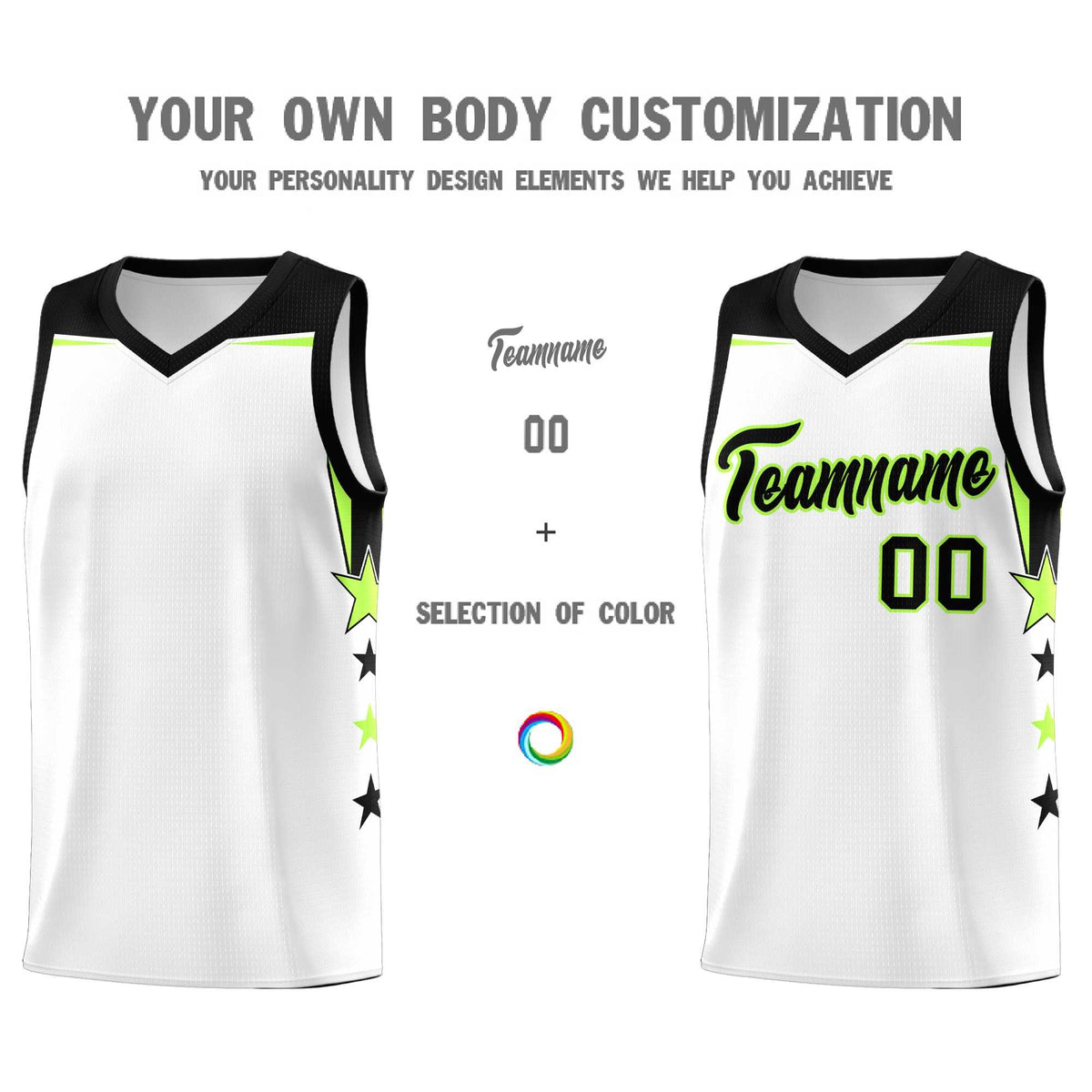 Custom Youth Basketball Uniform White Black Two Tone Side Star Add Name Number &amp; Logo