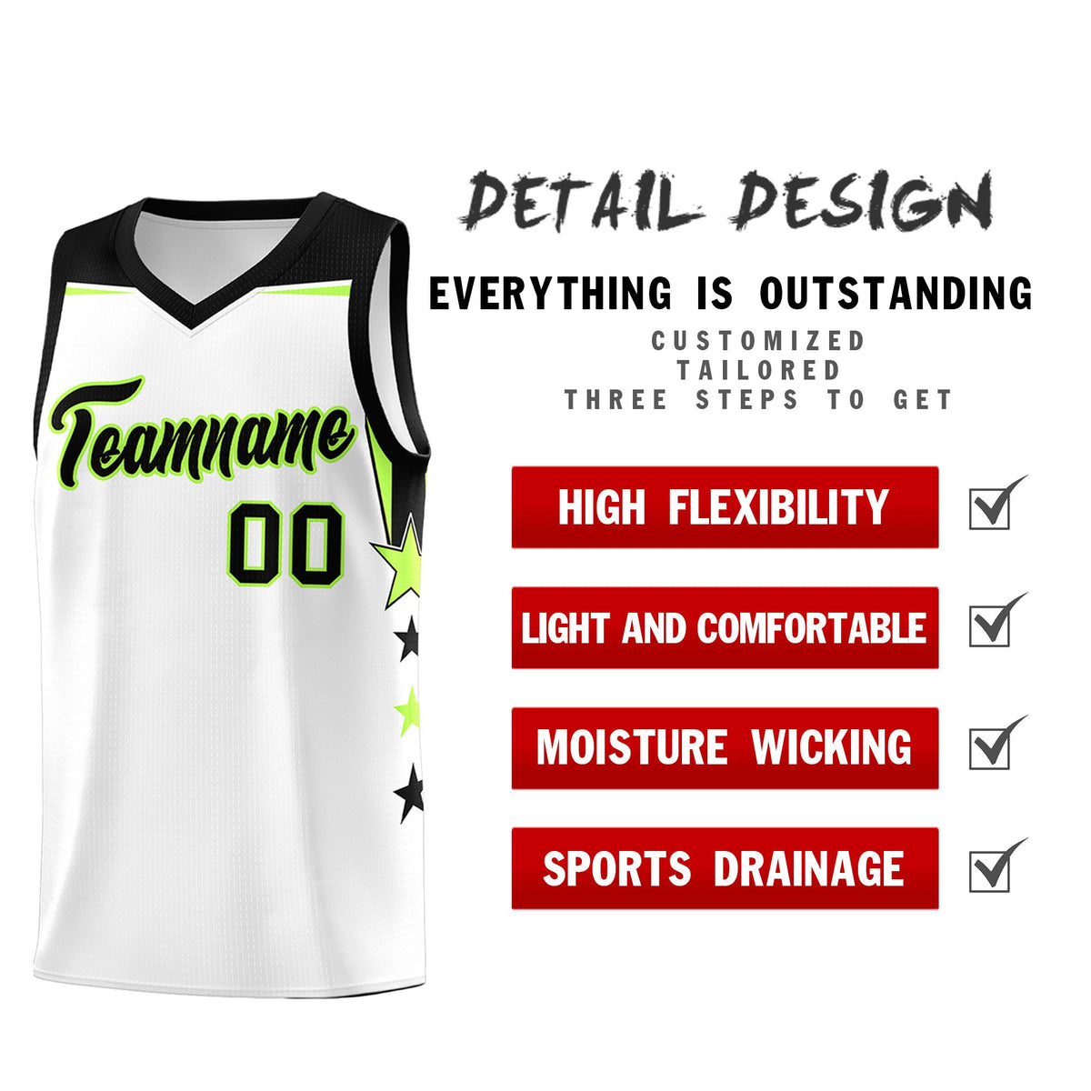 Custom Youth Basketball Uniform White Black Two Tone Side Star Add Name Number &amp; Logo