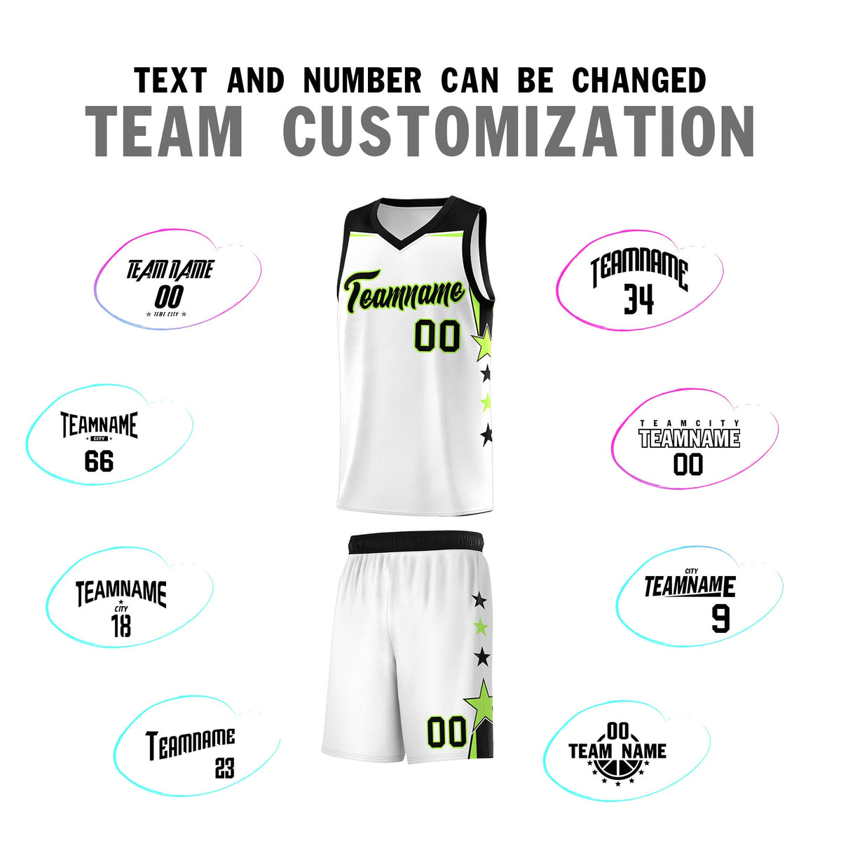 Custom Youth Basketball Uniform White Black Two Tone Side Star Add Name Number &amp; Logo