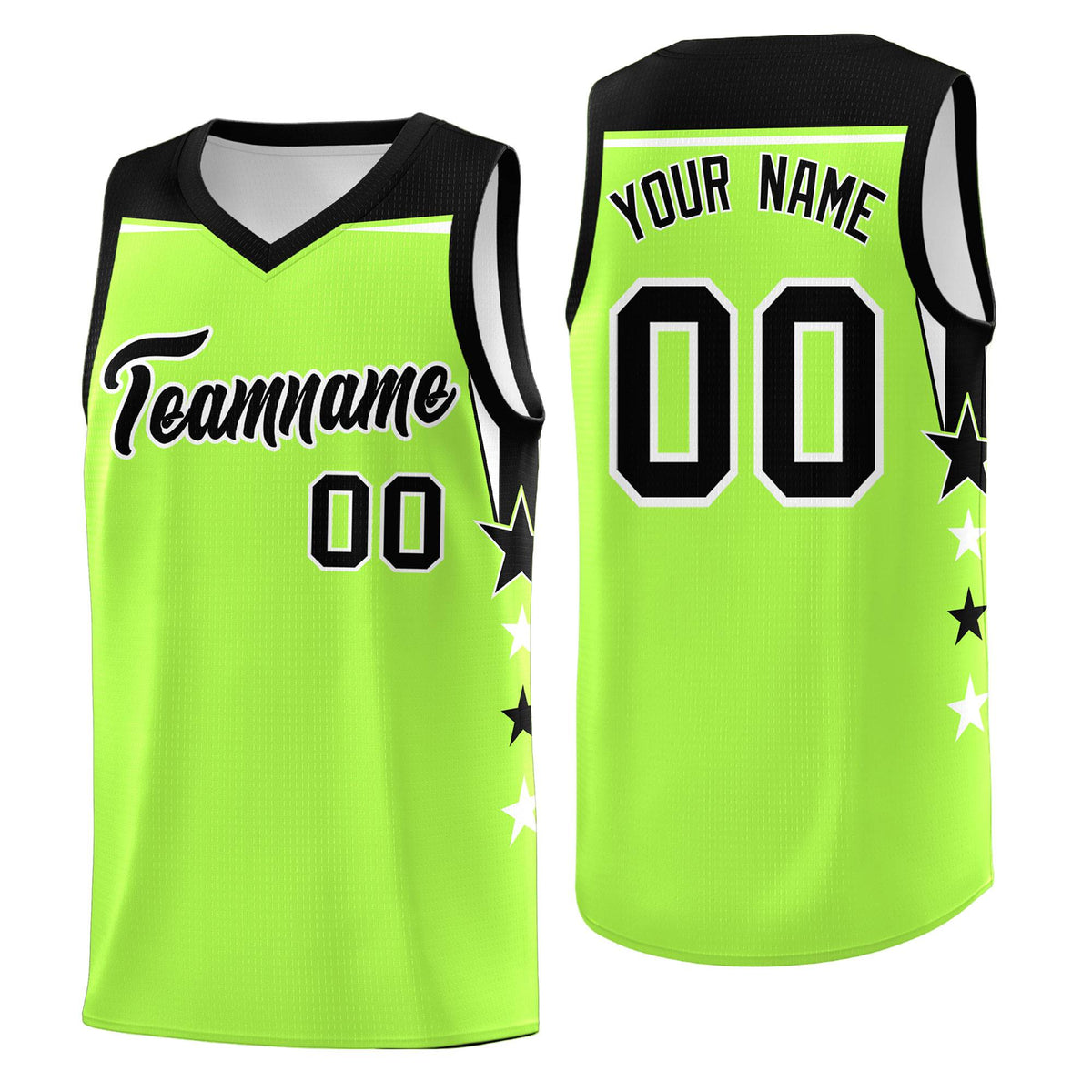 Custom Youth Basketball Uniform Fluorescent Green Black Two Tone Side Star Add Name Number &amp; Logo