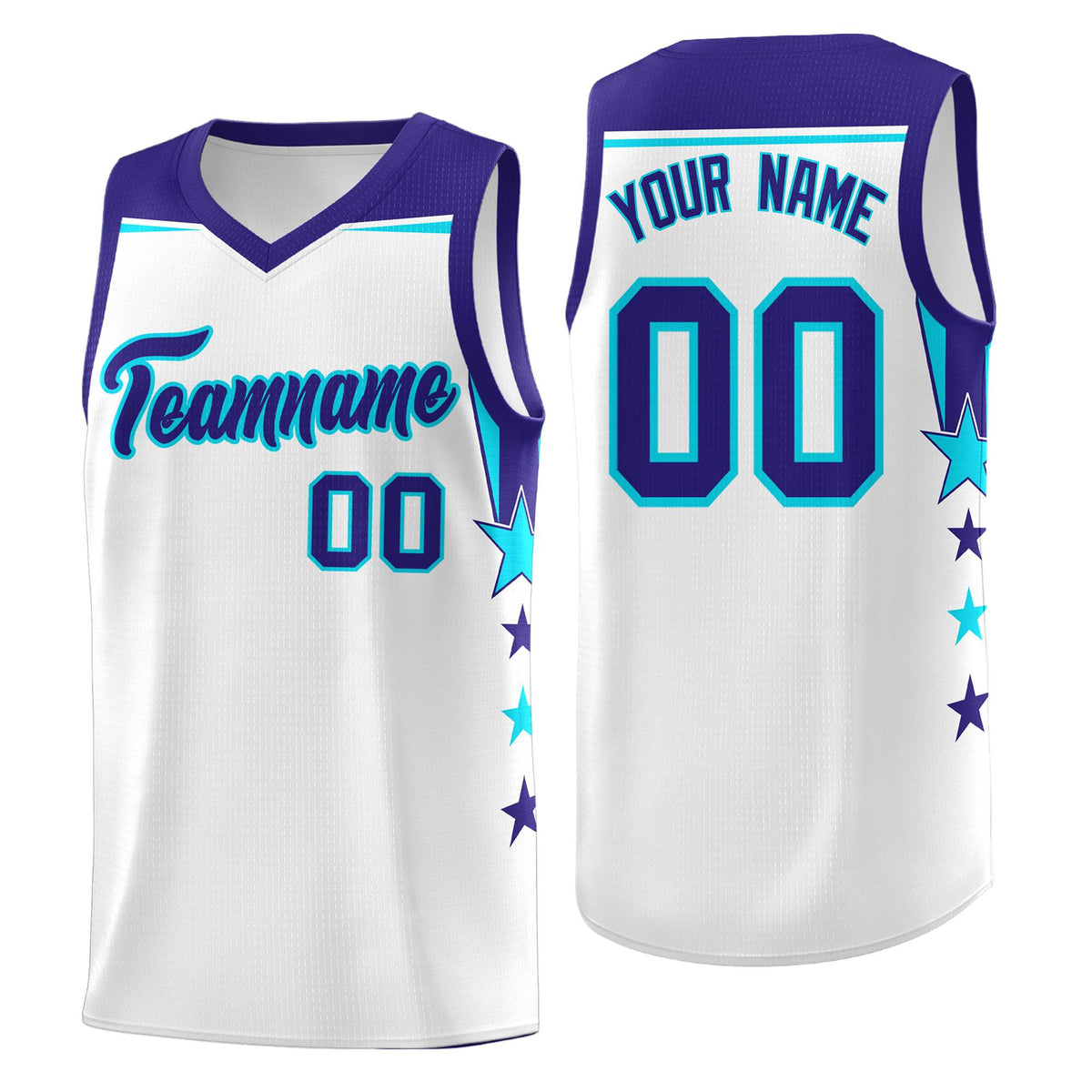 Custom Youth Basketball Uniform White Royal Two Tone Side Star Color Block Team Jersey