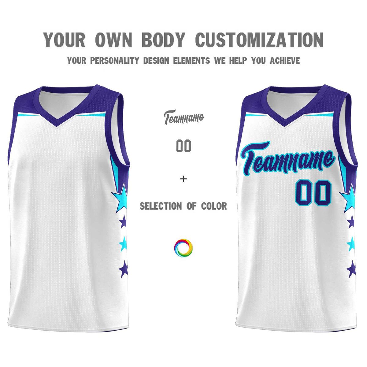 Custom Youth Basketball Uniform White Royal Two Tone Side Star Color Block Team Jersey