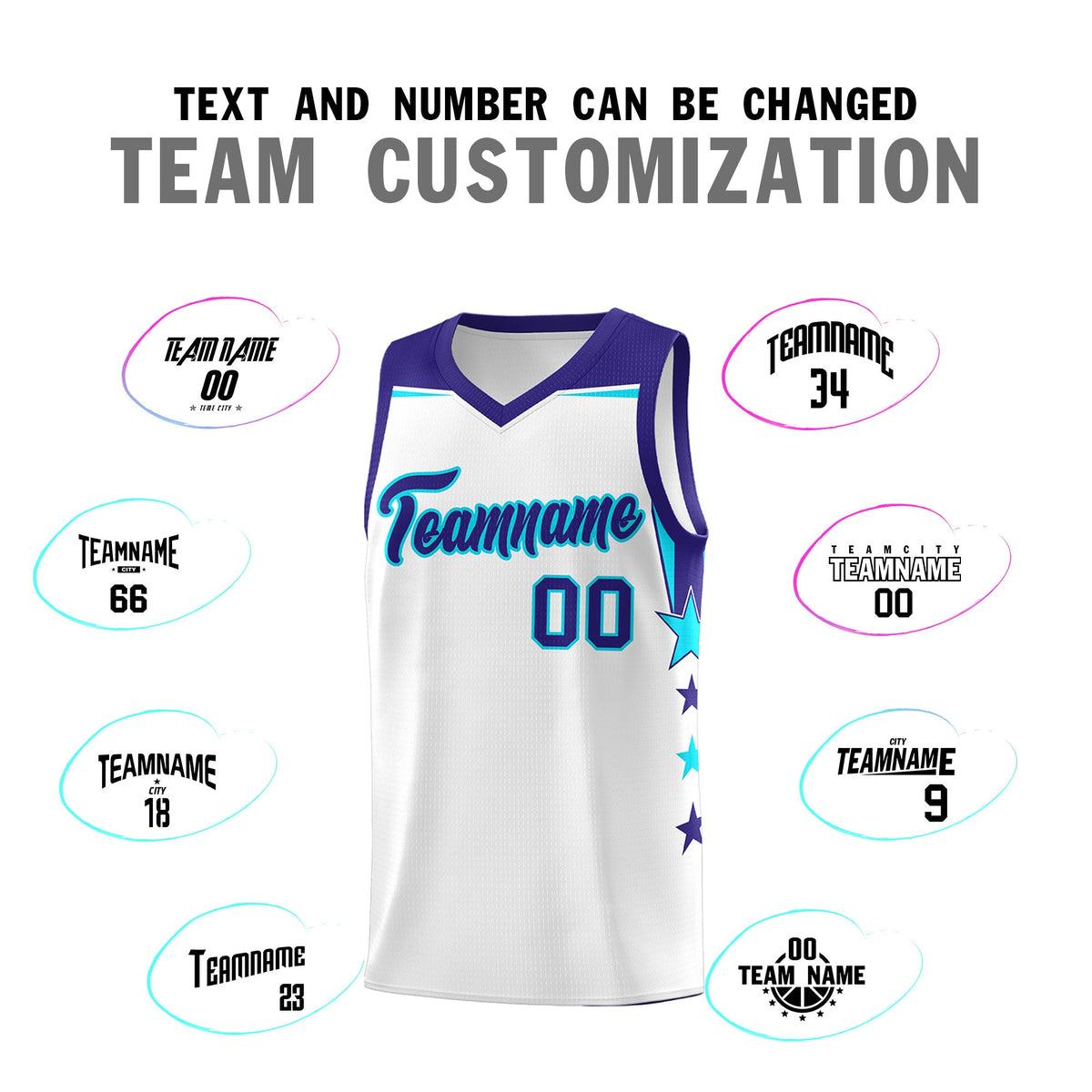 Custom Youth Basketball Uniform White Royal Two Tone Side Star Color Block Team Jersey