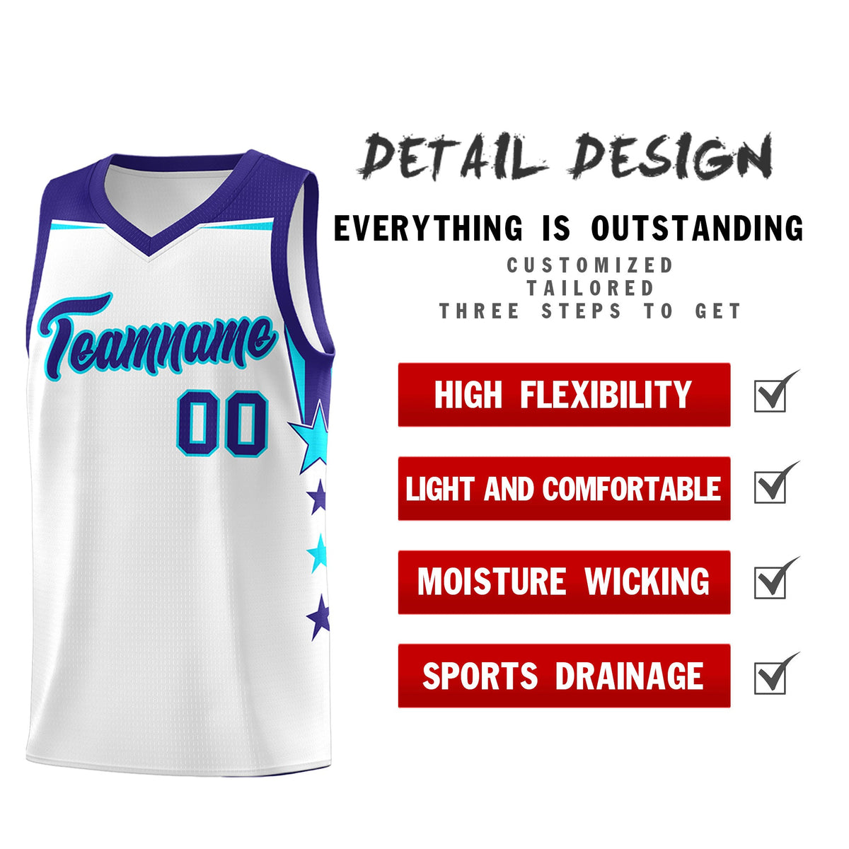 Custom Youth Basketball Uniform White Royal Two Tone Side Star Color Block Team Jersey