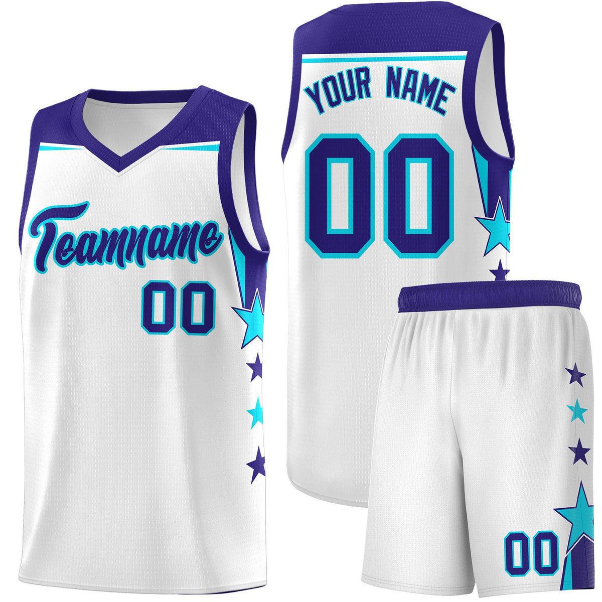 Custom Youth Basketball Uniform White Royal Two Tone Side Star Color Block Team Jersey