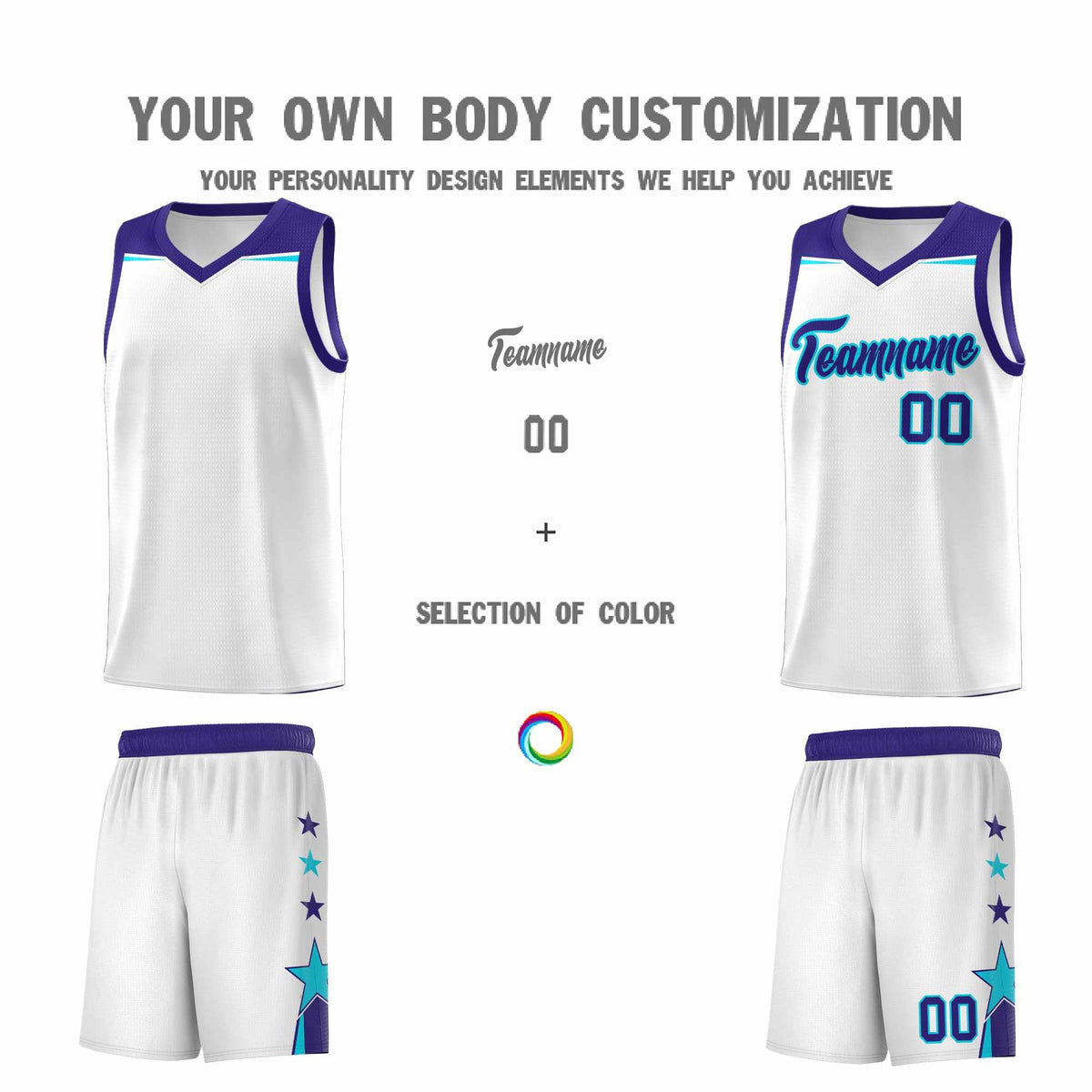 Custom Youth Basketball Uniform White Royal Two Tone Side Star Color Block Team Jersey