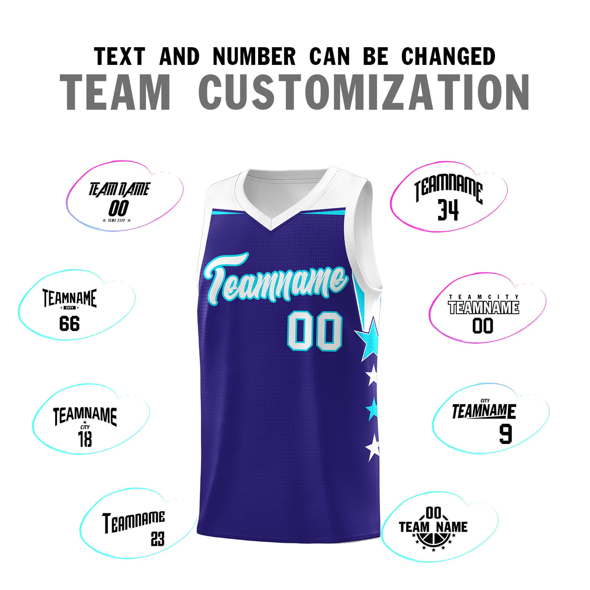Custom Youth Basketball Uniform Royal White Two Tone Side Star Add Name Number &amp; Logo
