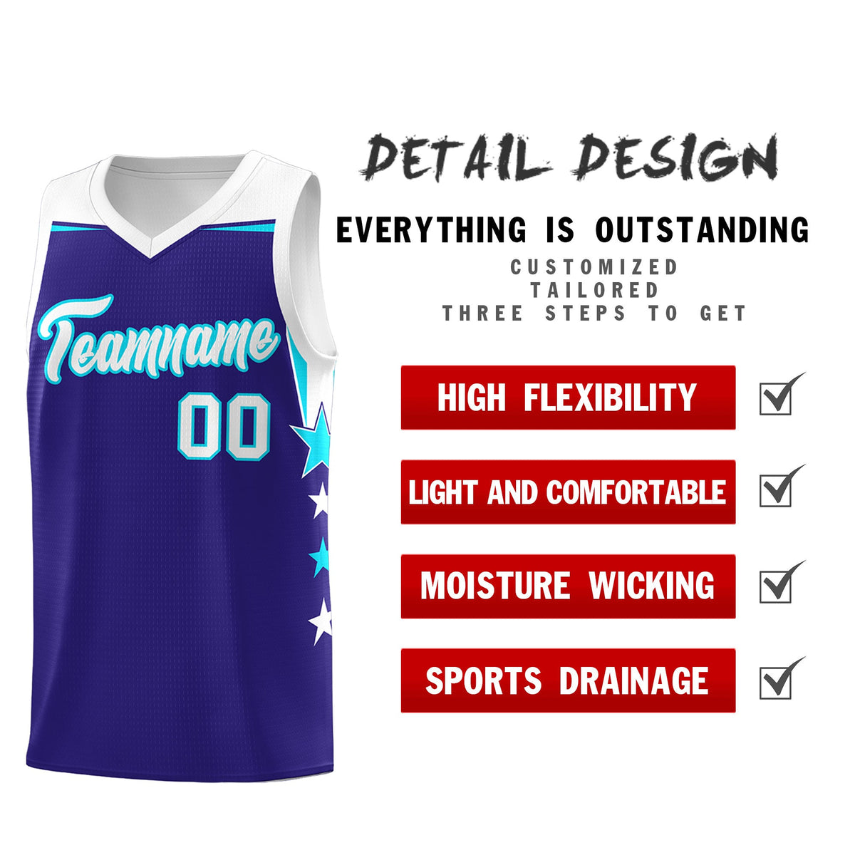Custom Youth Basketball Uniform Royal White Two Tone Side Star Add Name Number &amp; Logo