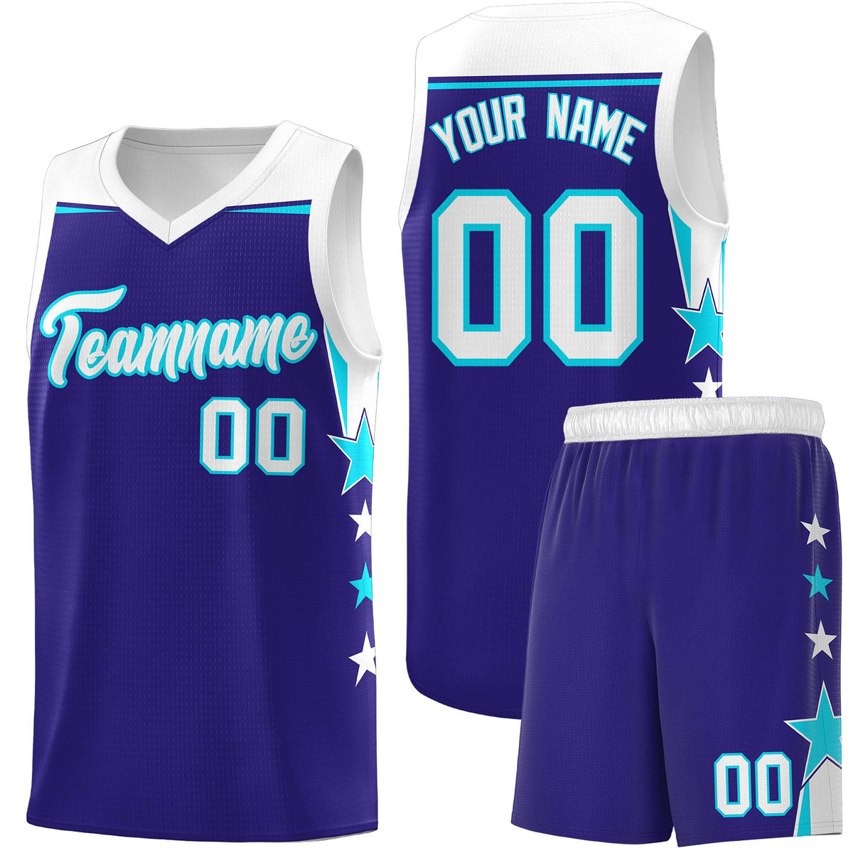 Custom Youth Basketball Uniform Royal White Two Tone Side Star Add Name Number &amp; Logo