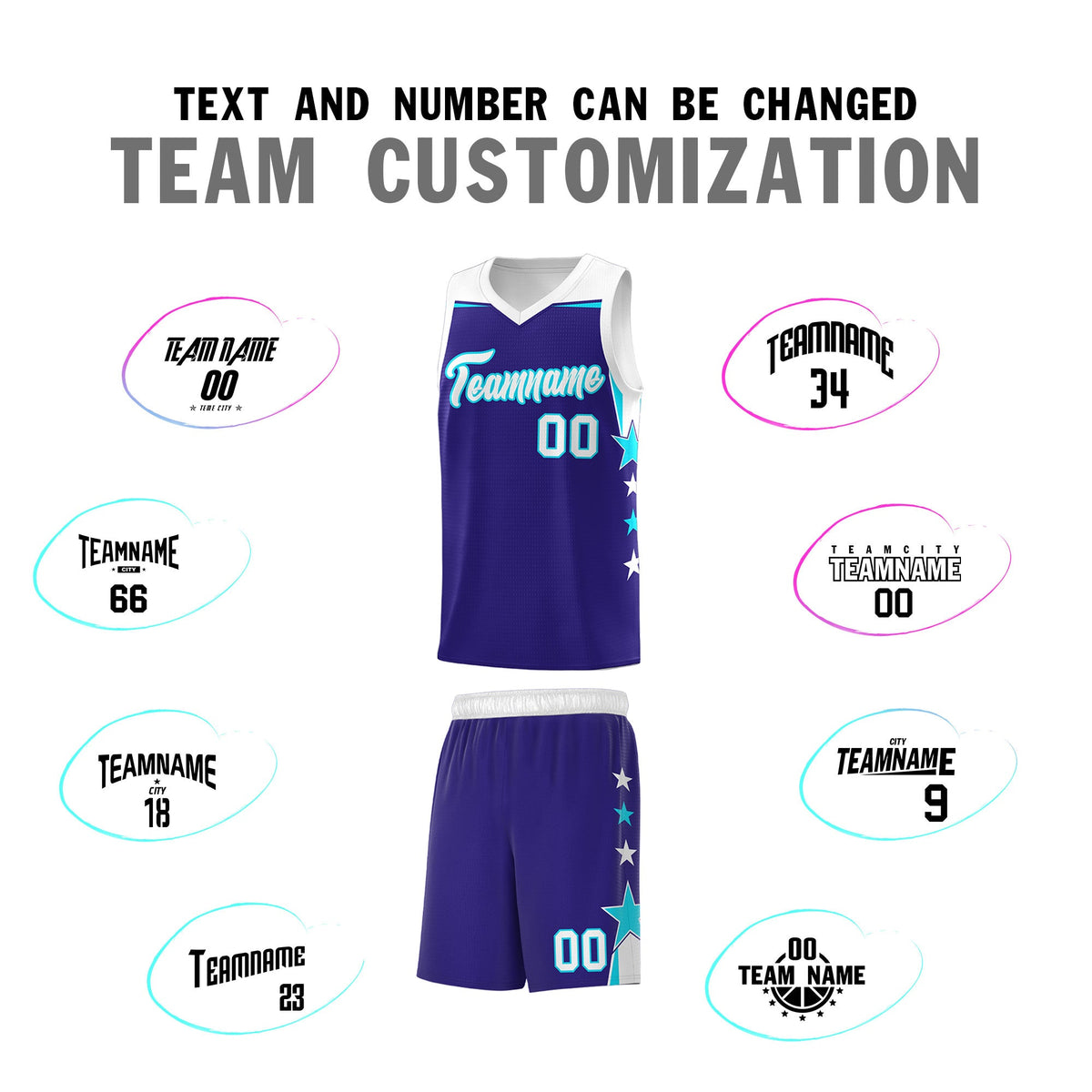 Custom Youth Basketball Uniform Royal White Two Tone Side Star Add Name Number &amp; Logo