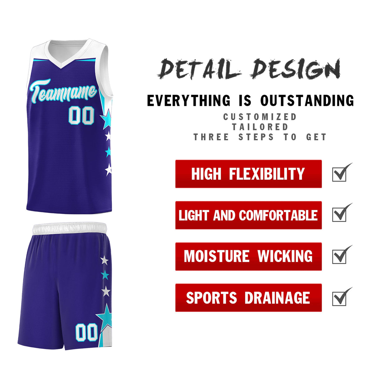 Custom Youth Basketball Uniform Royal White Two Tone Side Star Add Name Number &amp; Logo