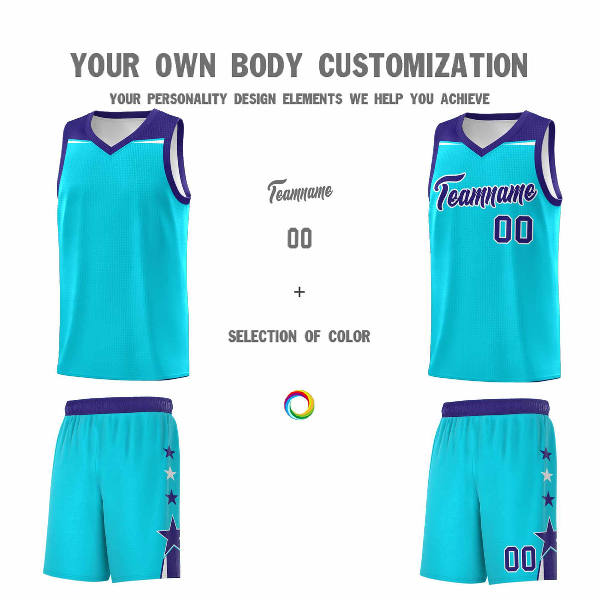 Custom Youth Basketball Uniform Sky Blue Royal Two Tone Side Star Personalized Team Jersey