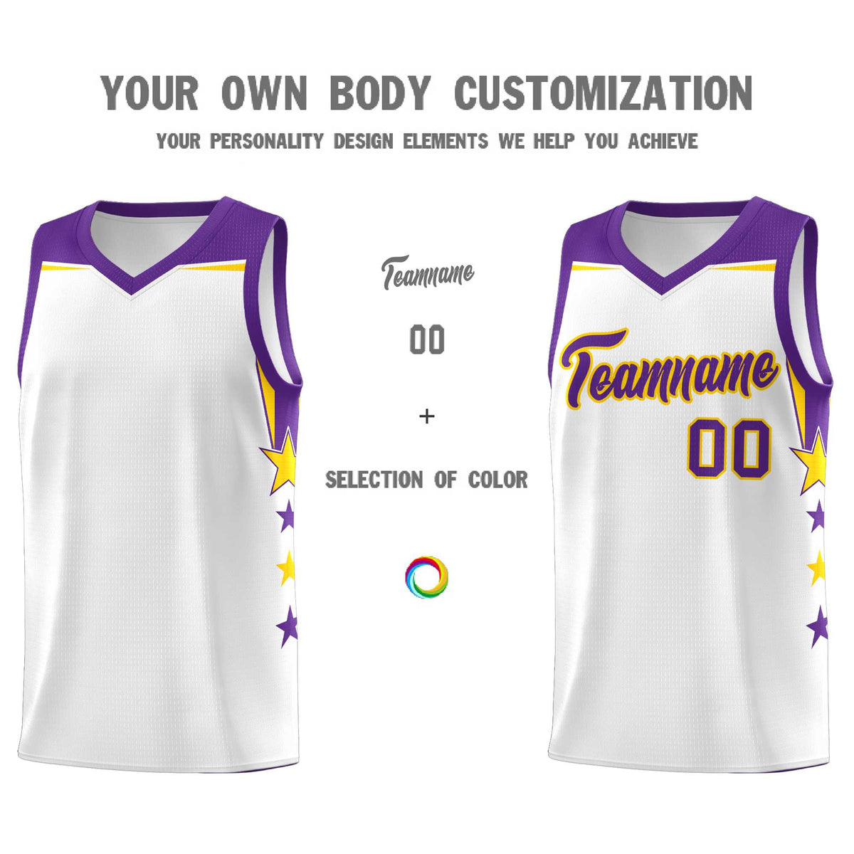 Custom Youth Basketball Uniform White Purple Two Tone Side Star Color Block Team Jersey