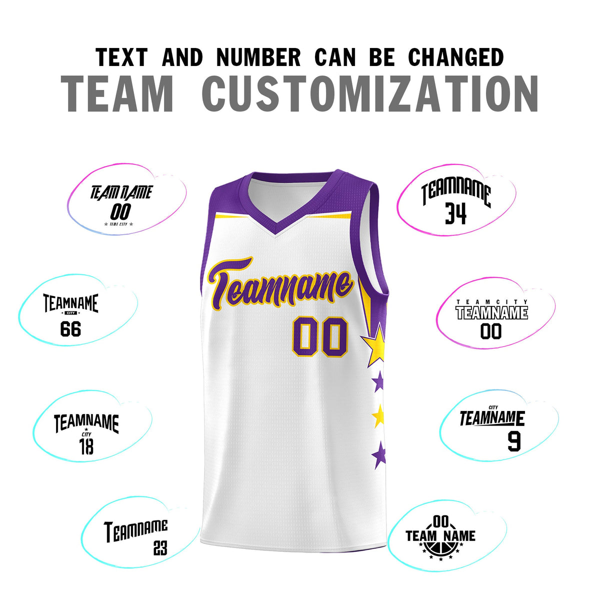 Custom Youth Basketball Uniform White Purple Two Tone Side Star Color Block Team Jersey