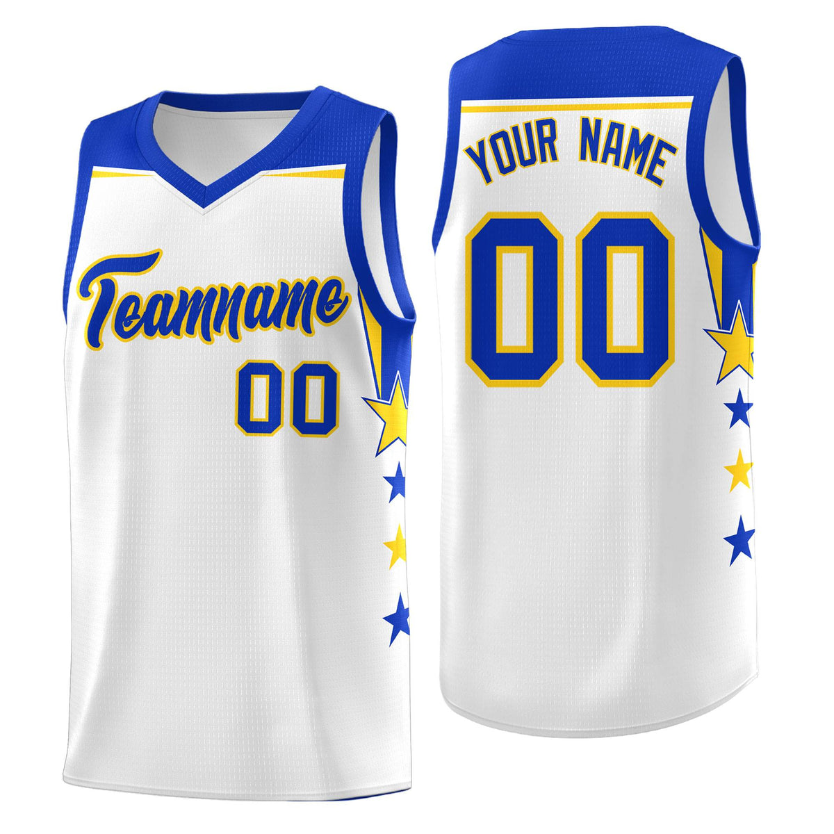 Custom Youth Basketball Uniform White Royal Two Tone Side Star Color Block Team Jersey