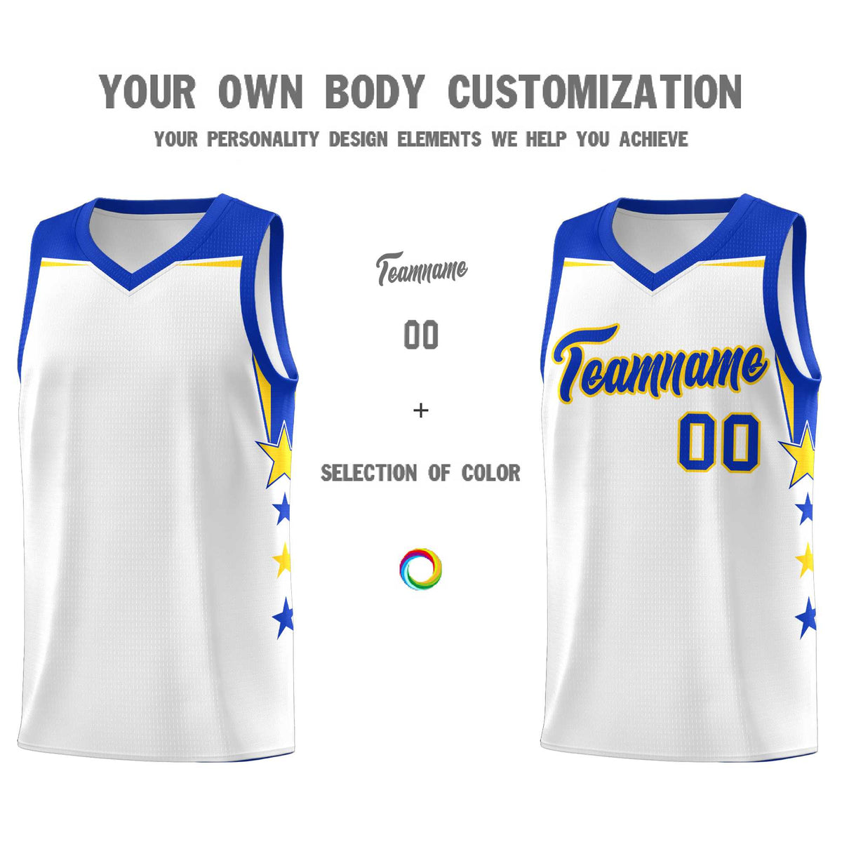 Custom Youth Basketball Uniform White Royal Two Tone Side Star Color Block Team Jersey